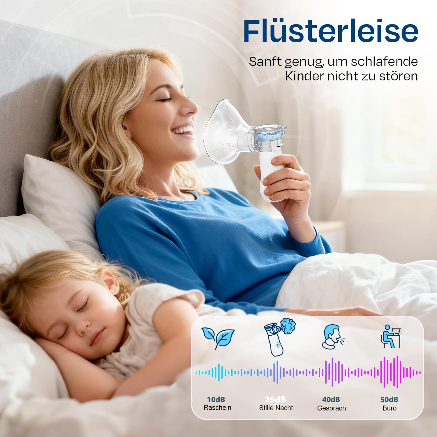 Eine Frau benutzt einen Inhalator neben ihrem schlafenden Kind. Leise Geräusche werden verglichen.