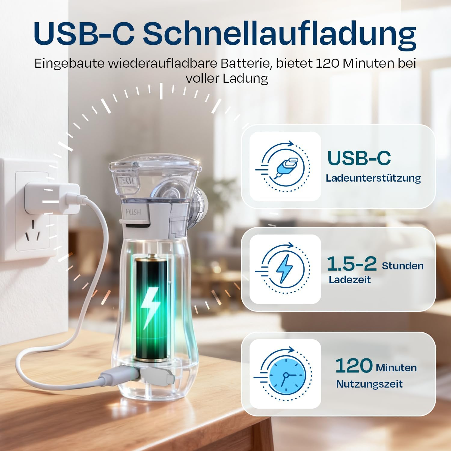 Gerät mit USB-C lädt. Batterie zeigt 120 Min. Laufzeit.