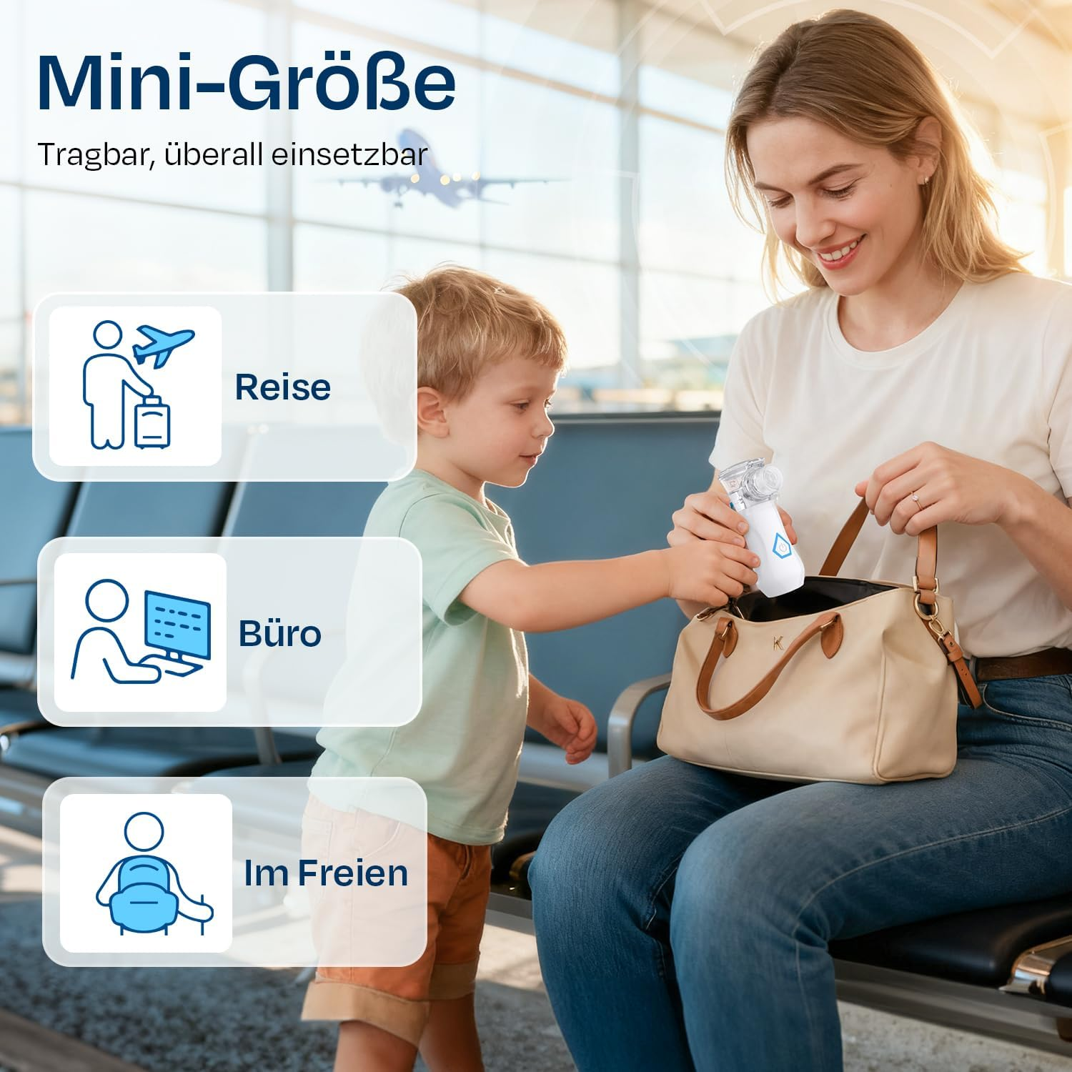 Frau packt Vernebler in Tasche, Kind daneben. Icons: Reise, Büro, Draußen.