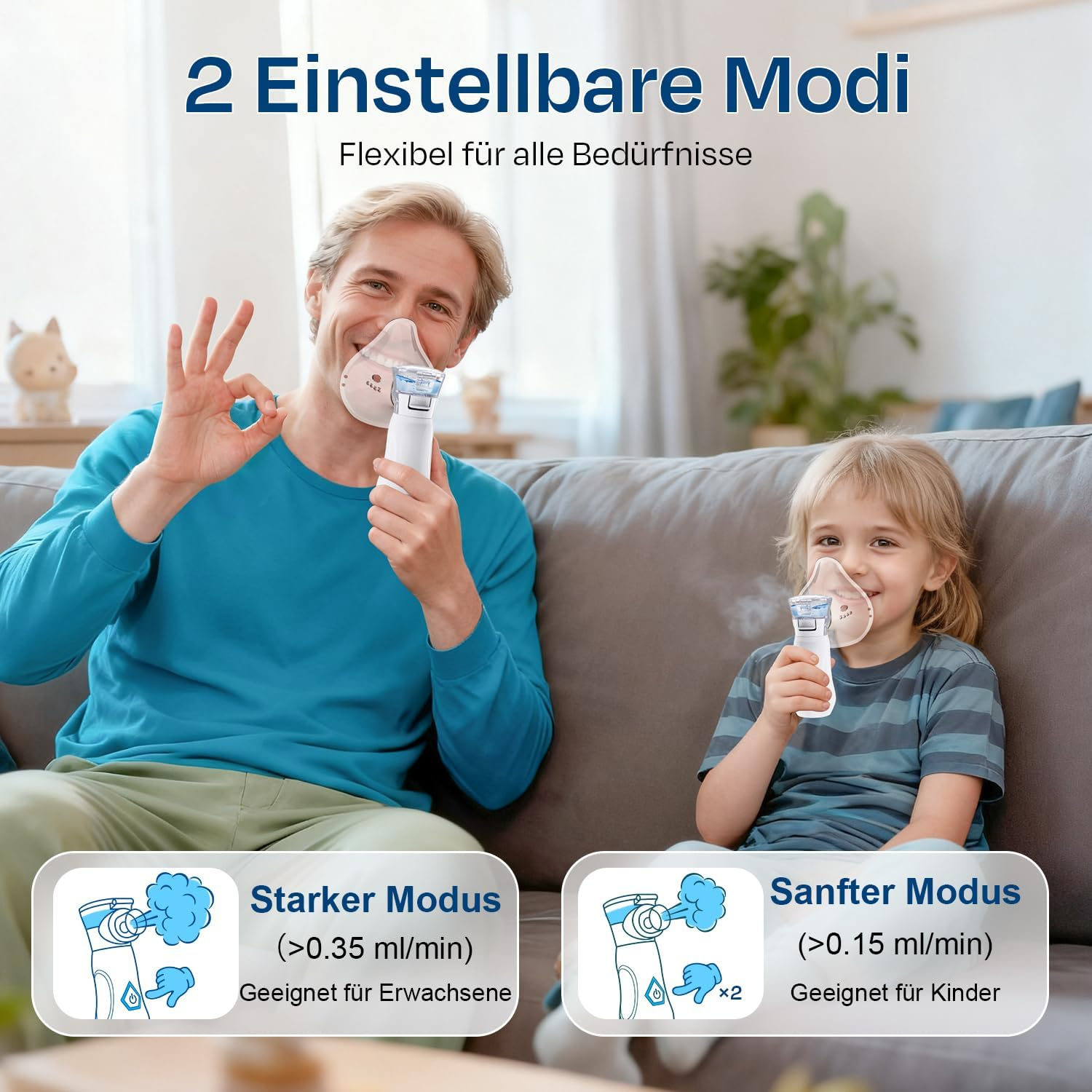 Mann und Kind mit Inhalatoren. Zwei Modi: Stark & Sanft.