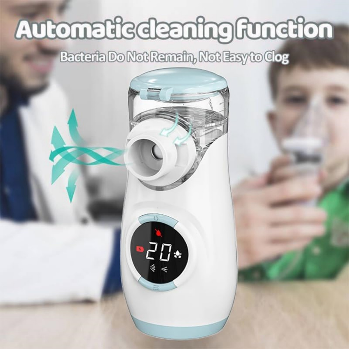 Ein weißer Vernebler mit digitaler Anzeige und blauen Akzenten, der Dampf ausstößt.
