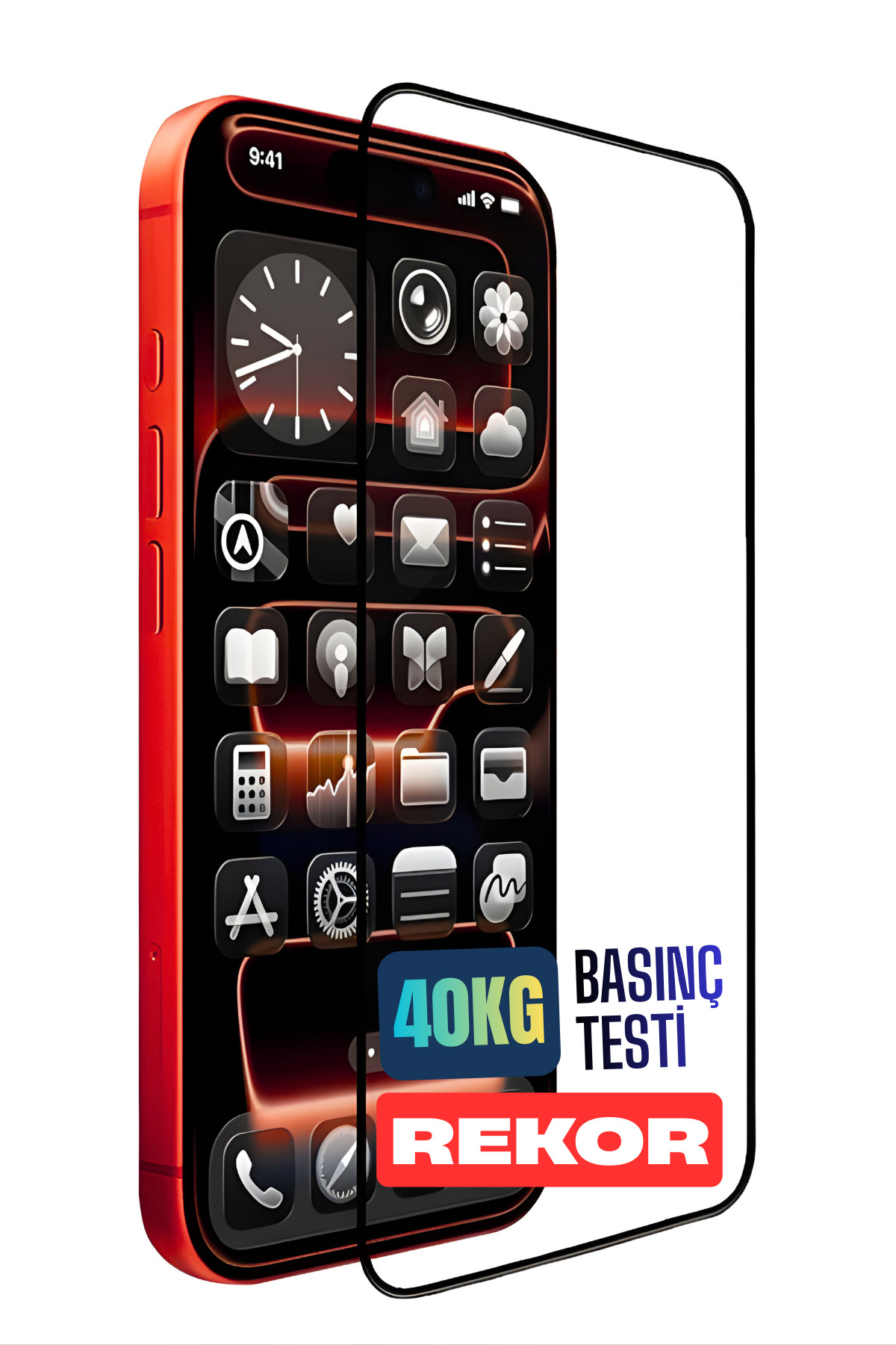 Üzerinde "40KG BASINC TESTI REKOR" yazan ekran korumalı kırmızı akıllı telefon.