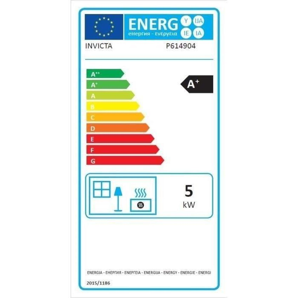 Energielabel mit Skala von A++ bis G, A+ Bewertung, Heizleistung 5 kW.