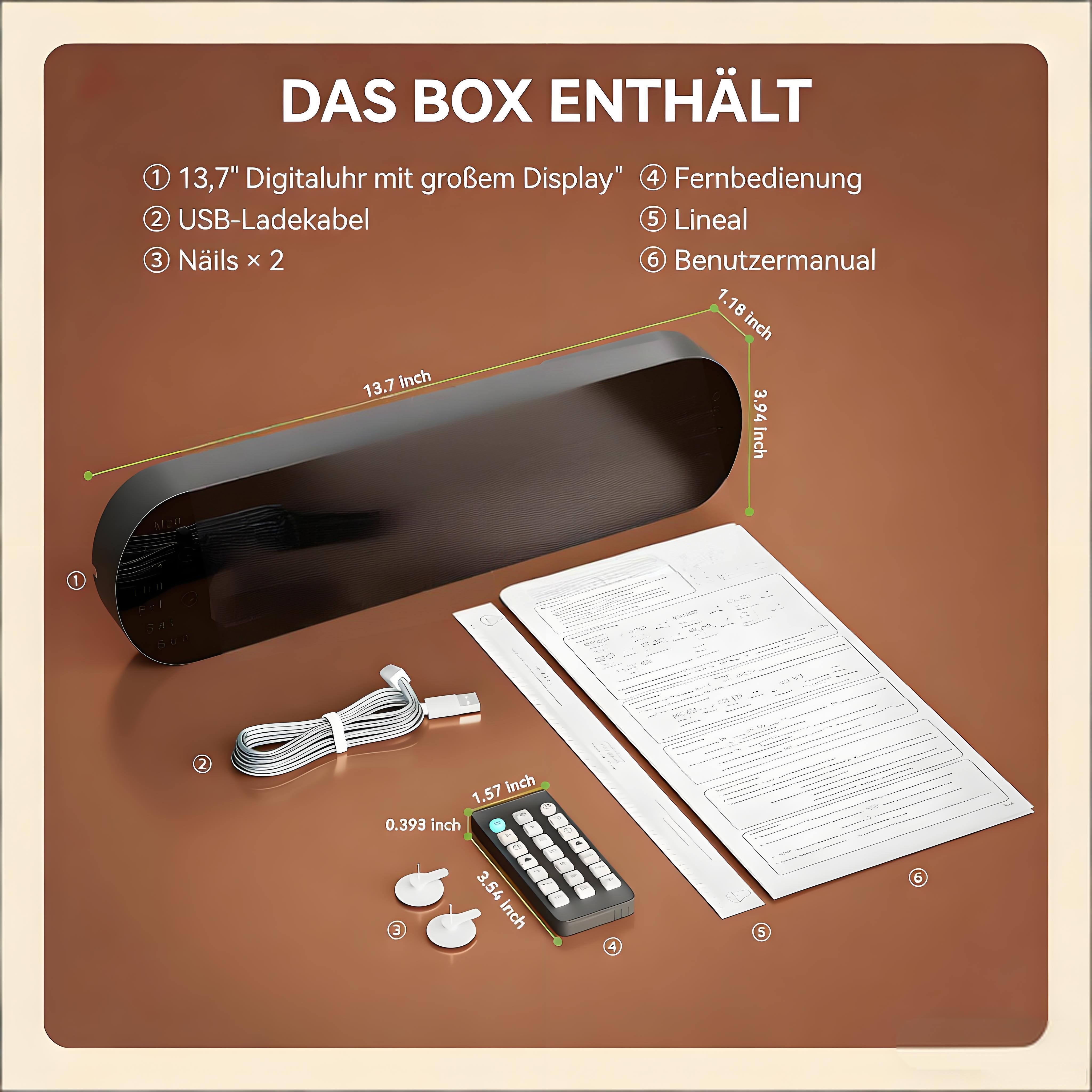 Digitale Uhr, Kabel, Fernbedienung, Nägel, Lineal und Handbuch.