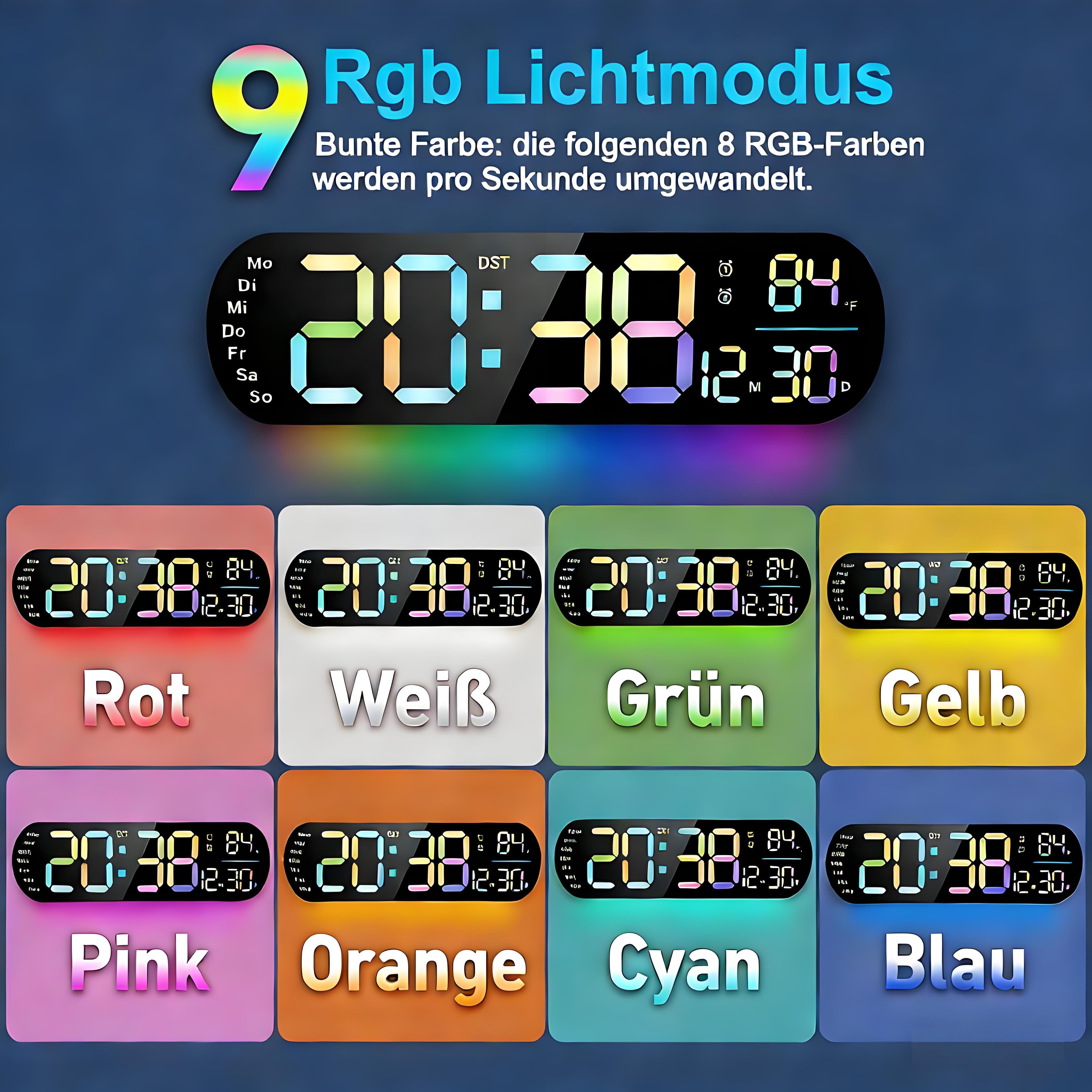 Digitaluhr mit RGB-Lichtmodus in 8 Farben: Rot, Weiß, Grün, Gelb, Pink, Orange, Cyan, Blau.
