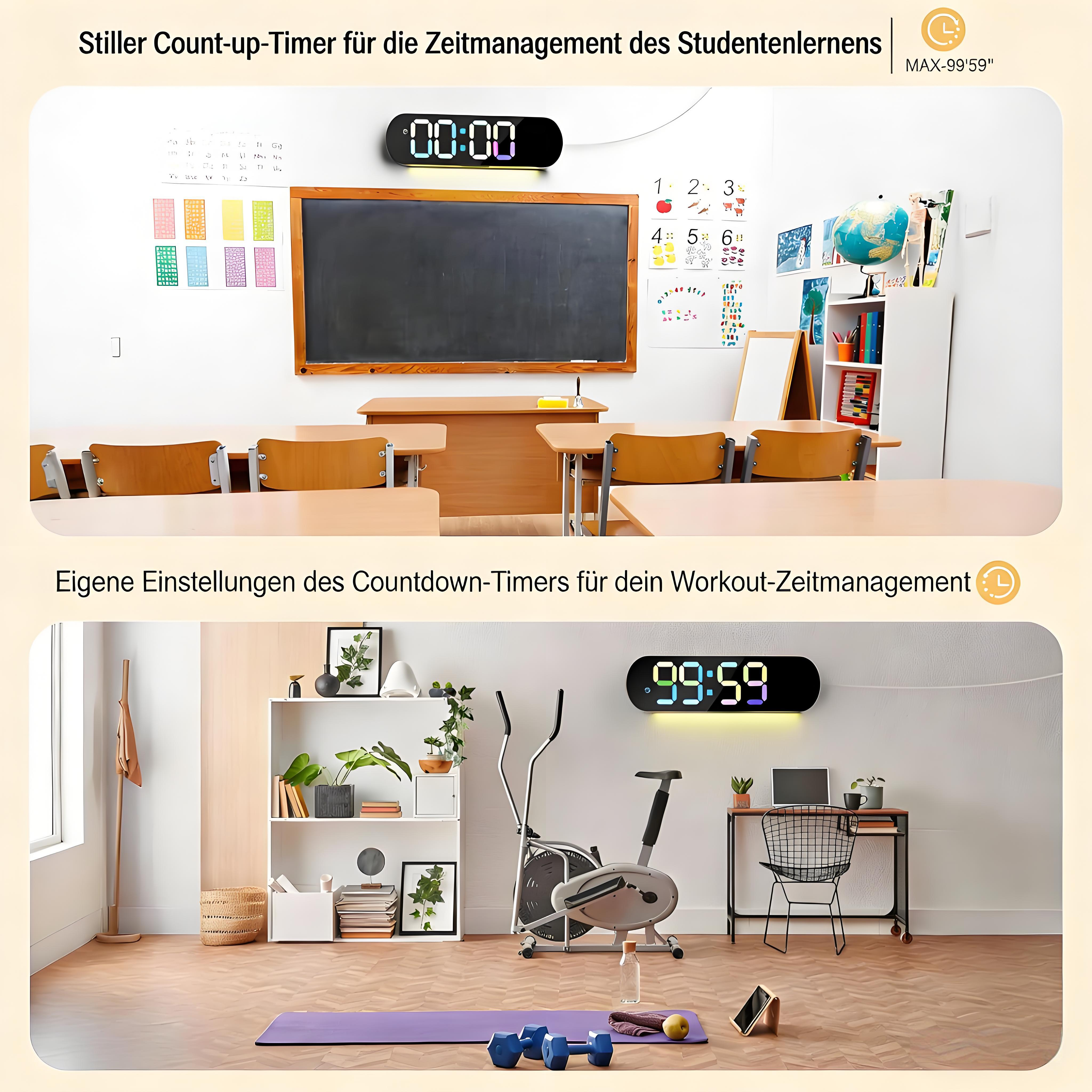 Ein Klassenzimmer mit Schultischen und einer Tafel, oben ein Timer.