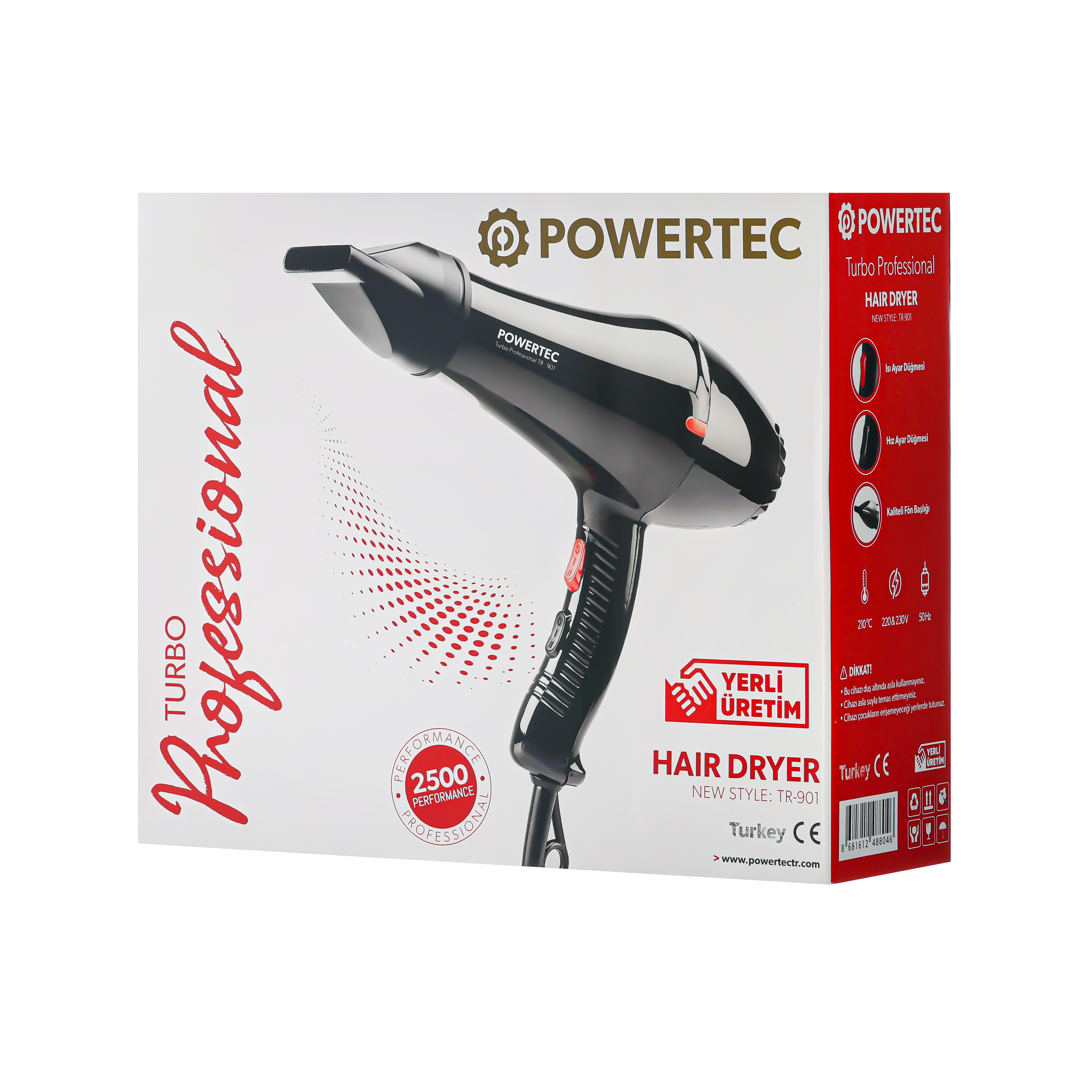 Siyah POWERTEC saç kurutma makinesi, kırmızı yazılı beyaz kutu üzerinde.