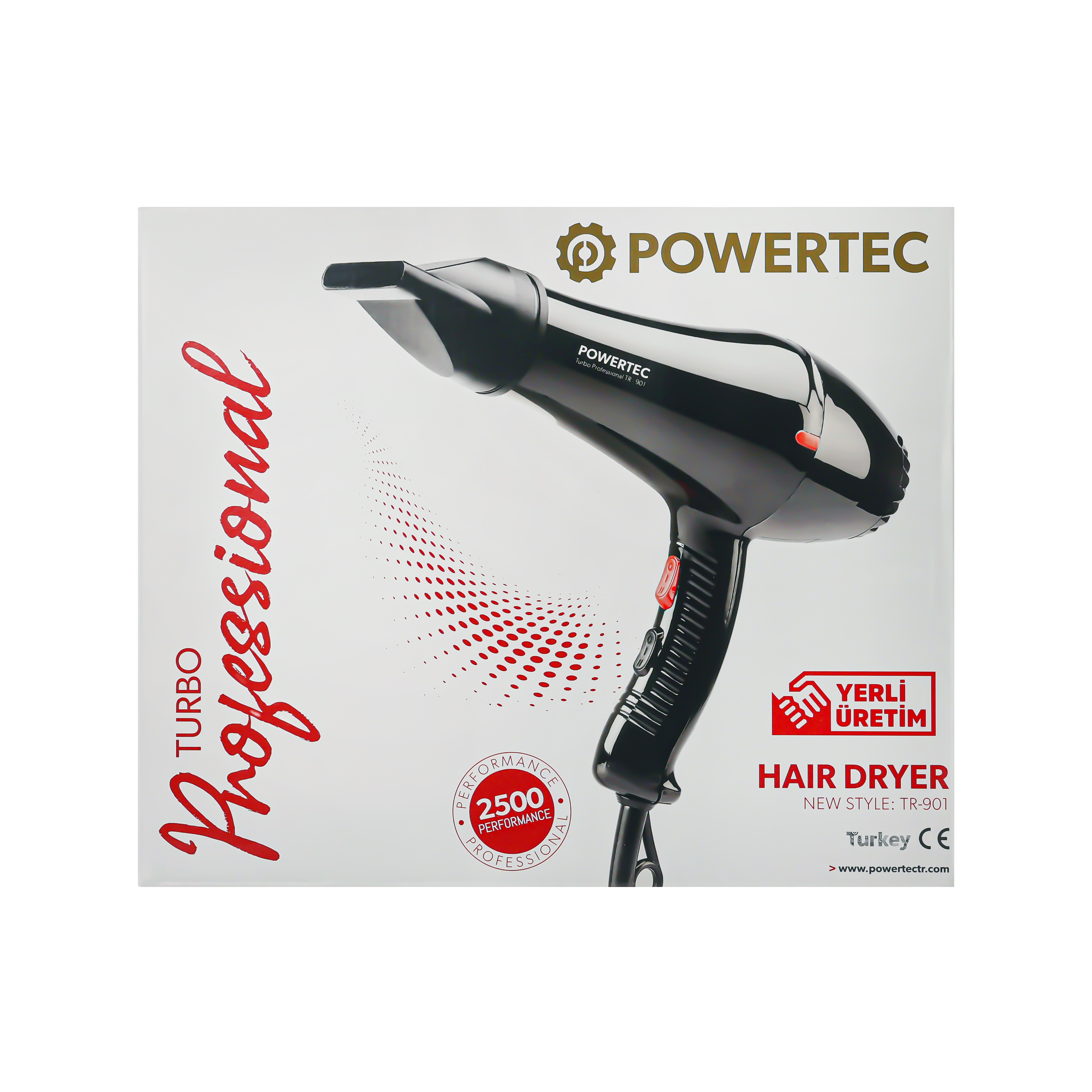 Kırmızı aksanlar ve performans detaylarına sahip siyah Powertec saç kurutma makinesi.