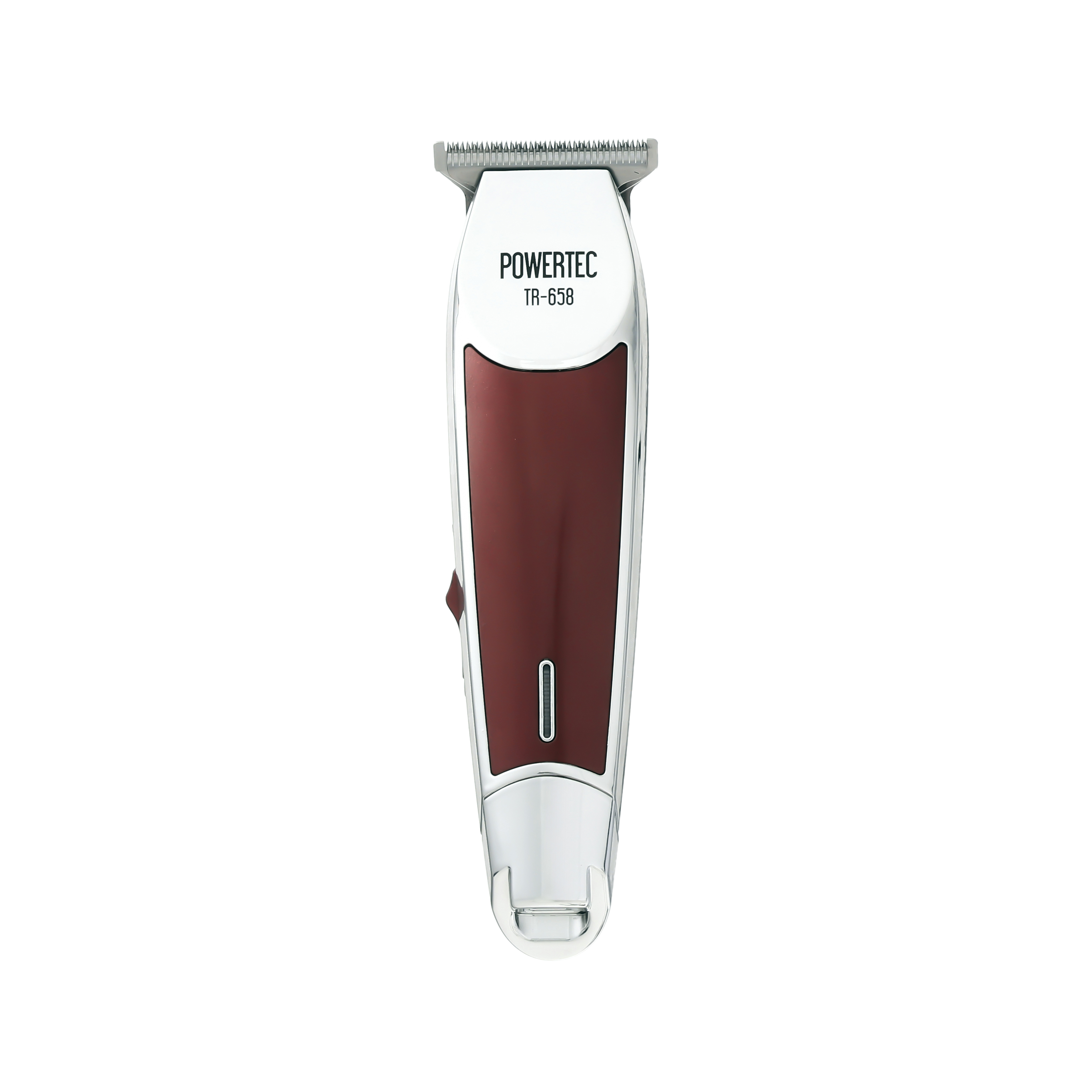 Gümüş ve kırmızı POWERTEC TR-658 saç düzeltici, kırmızı vurgulu panel.