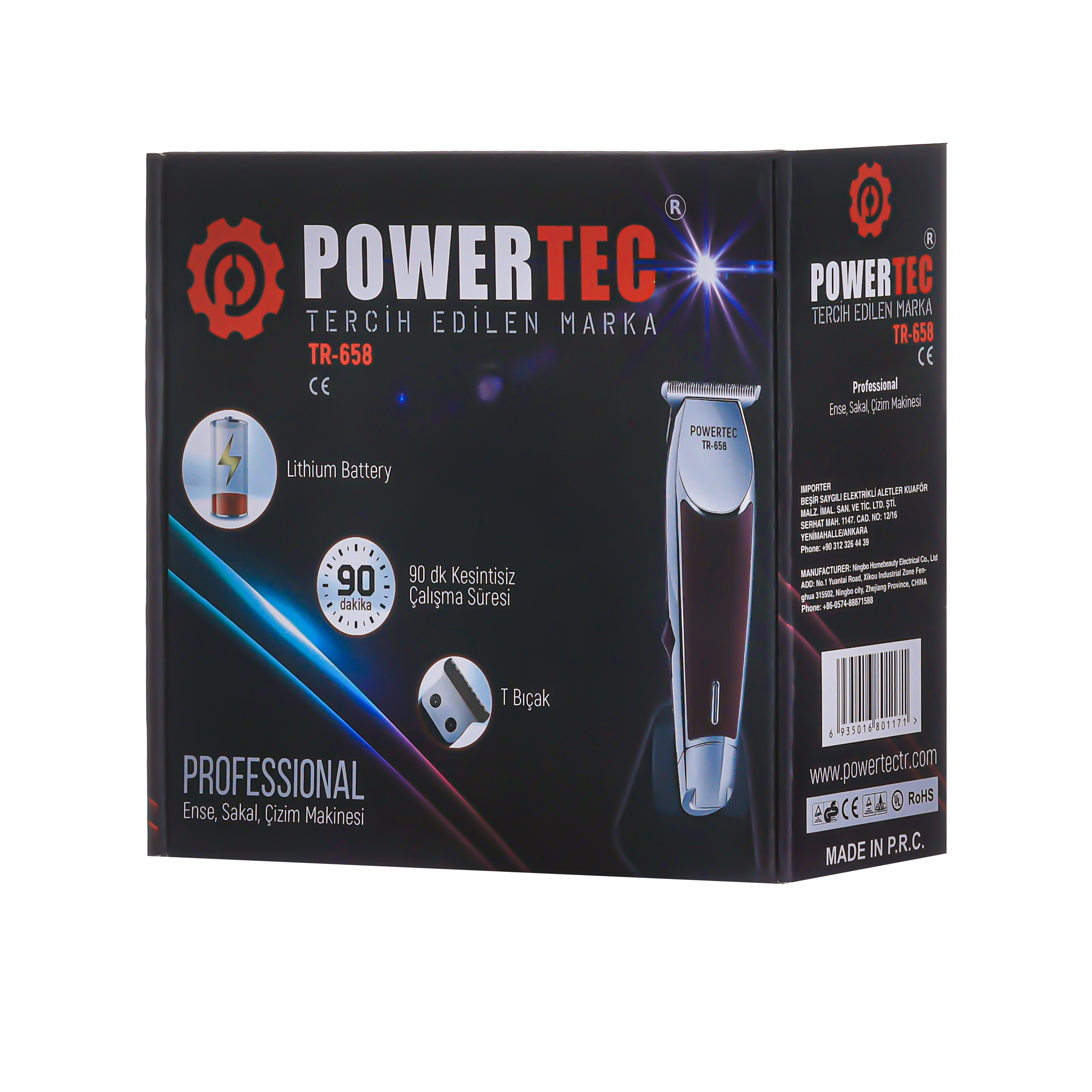 Lityum pilli ve T bıçaklı POWERTEC TR-658 saç kesme makinesi ambalajı.