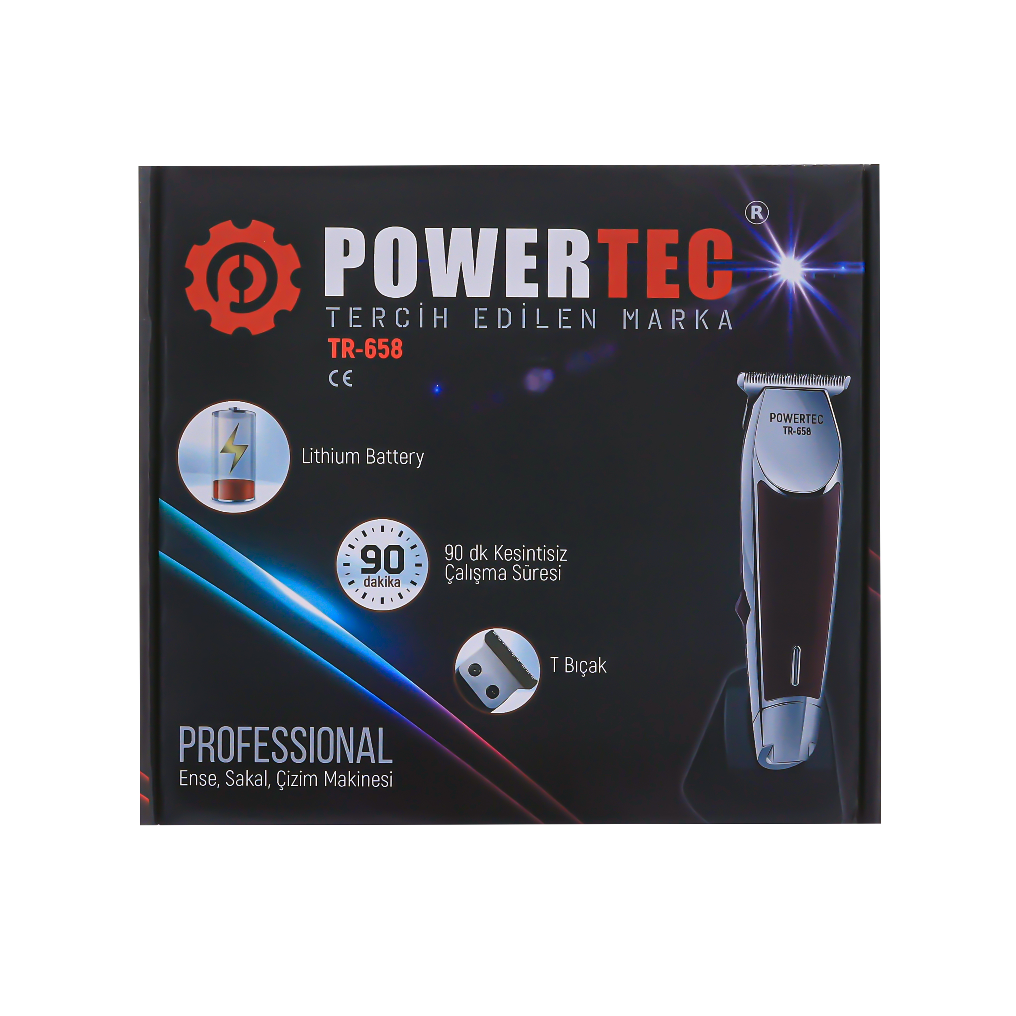 POWERTEC TR-658 makine kutusu, pil simgesi ve çalışma süresi gösteriyor.
