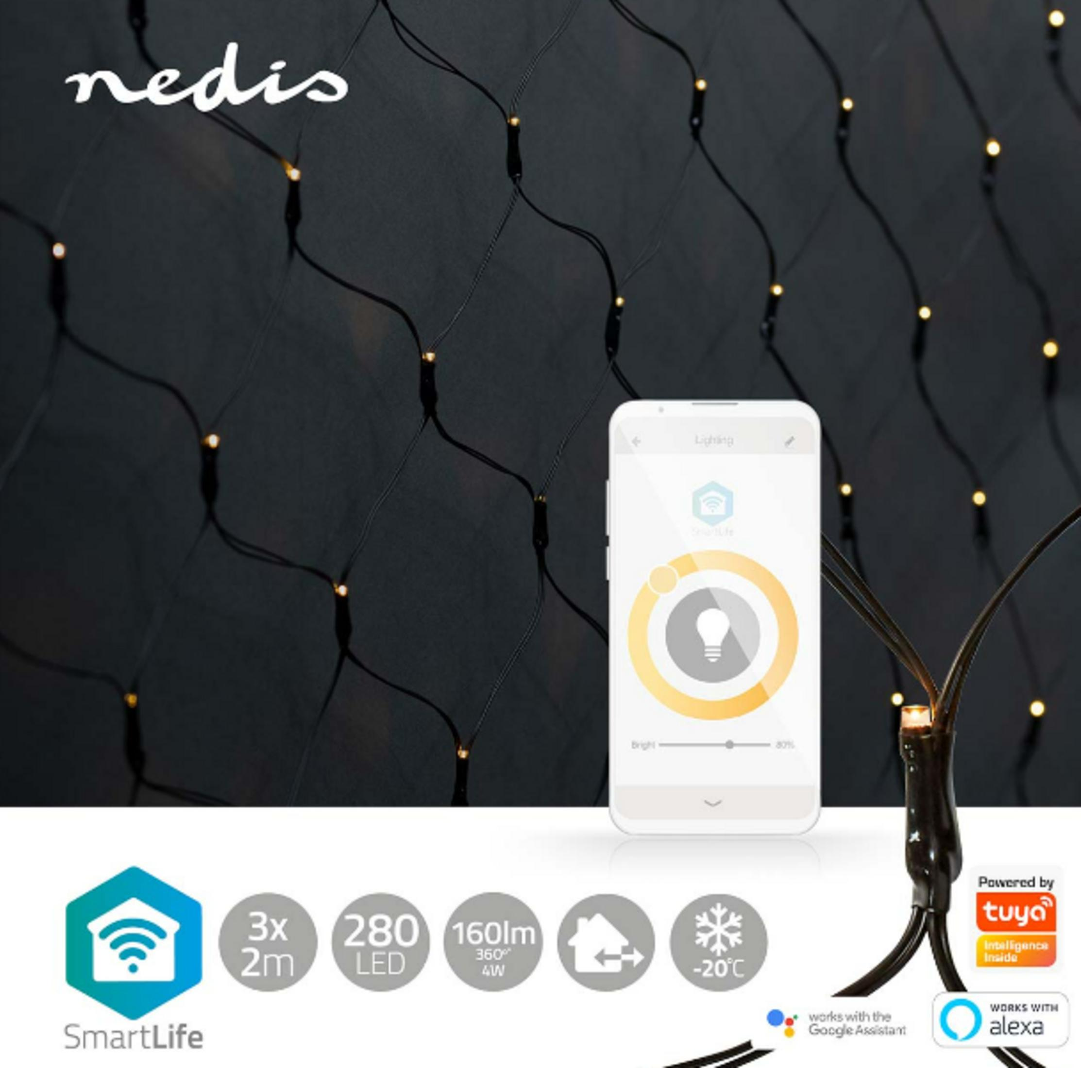 Net lights with Nedis logo, smartphone app, Tuya, Google, and Alexa.