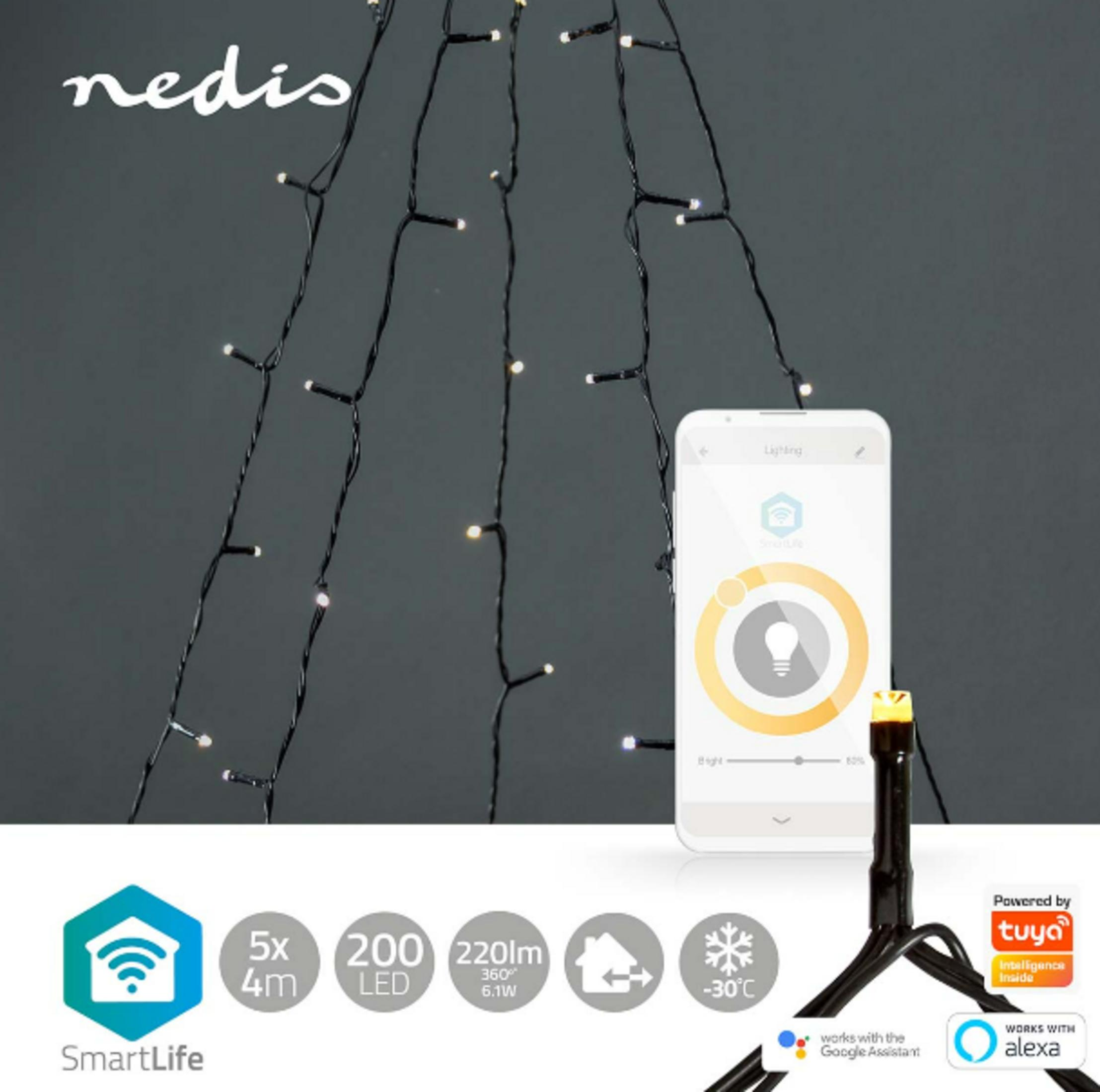 Nedis slimme lichtslinger, 200 LED's, 4m, app-gestuurd, SmartLife, Tuya, Alexa, Google.