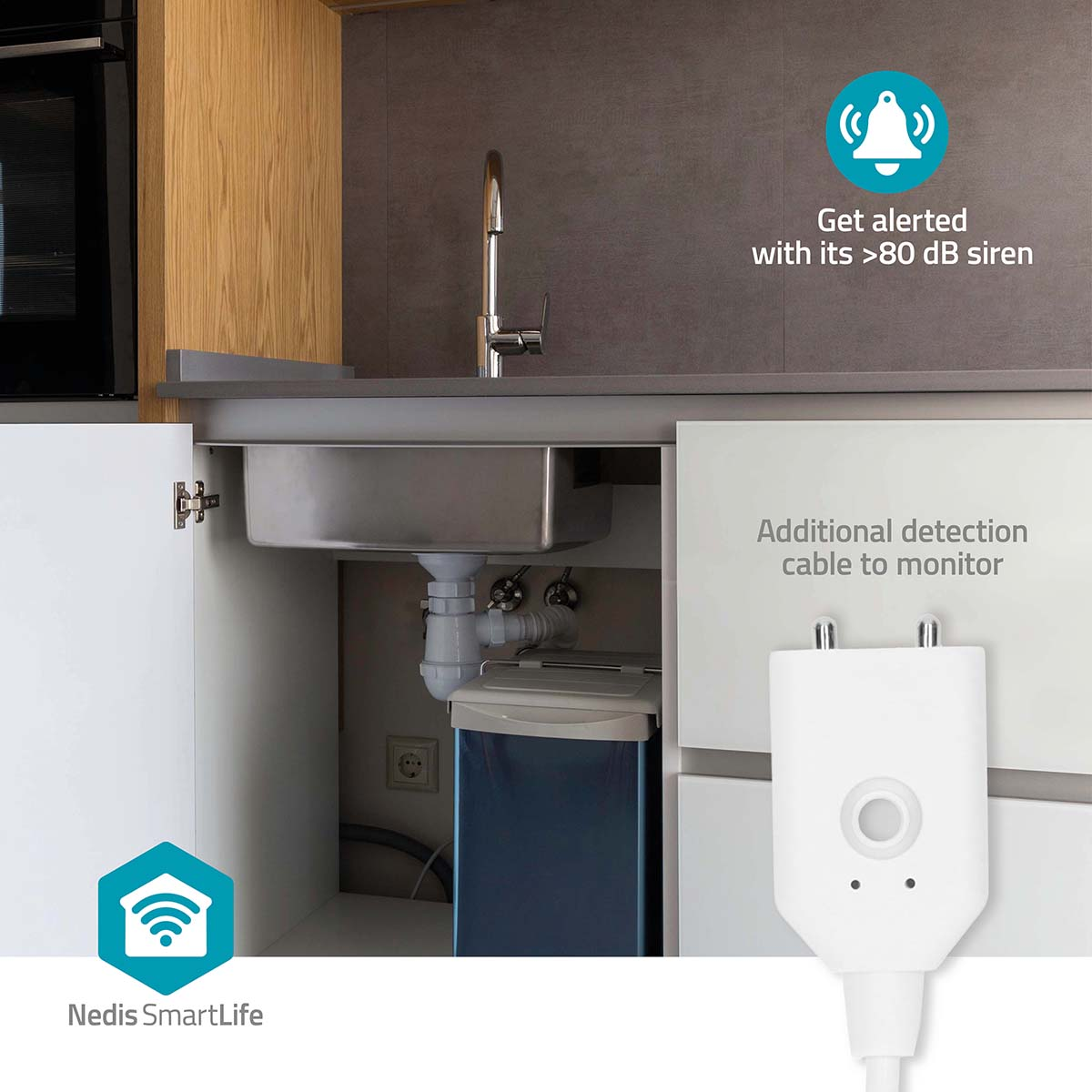 A water detector with siren and detection cable under a sink.