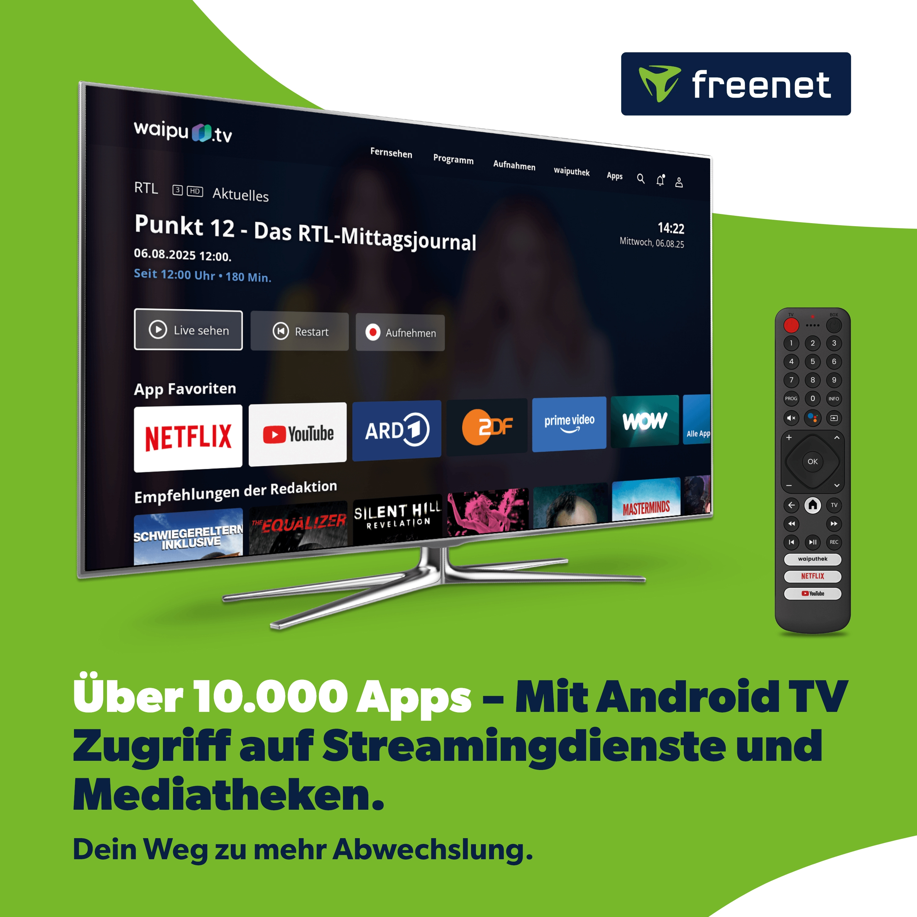 Ein Fernseher mit Freenet-Logo und Fernbedienung. Zeigt waipu.tv und Apps wie Netflix.