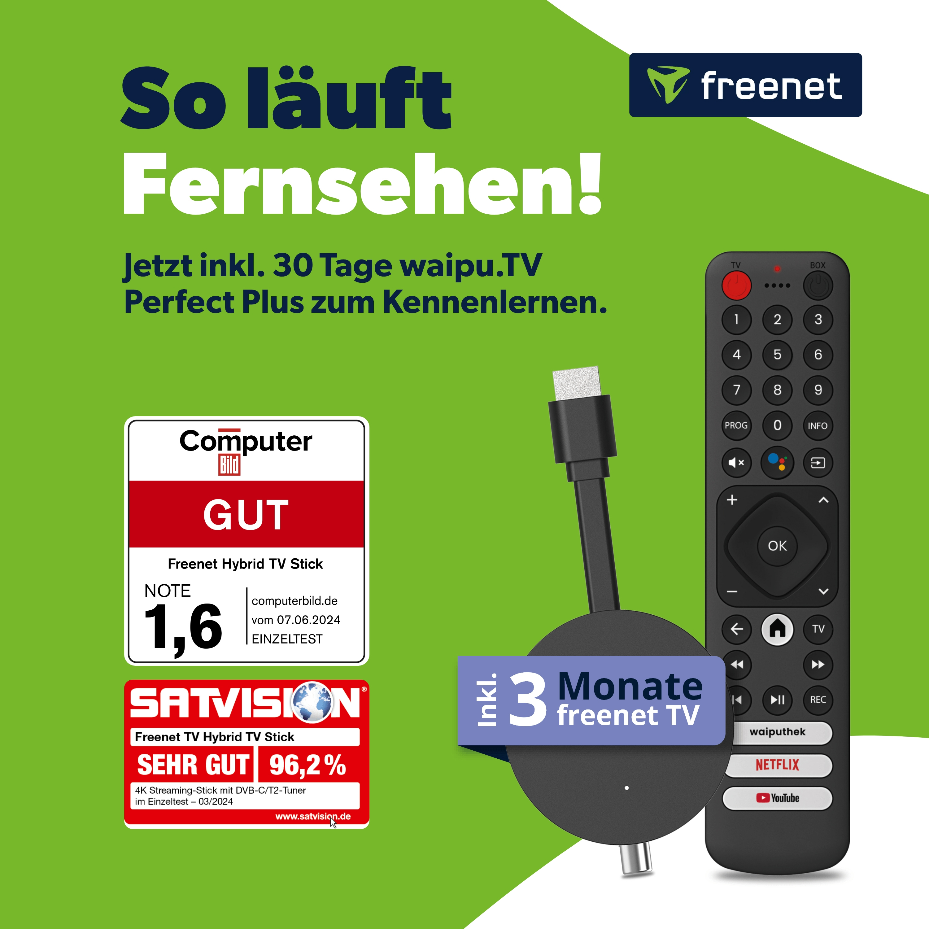 Freenet TV Stick mit Fernbedienung, Computer Bild und Satvision Testsiegel.