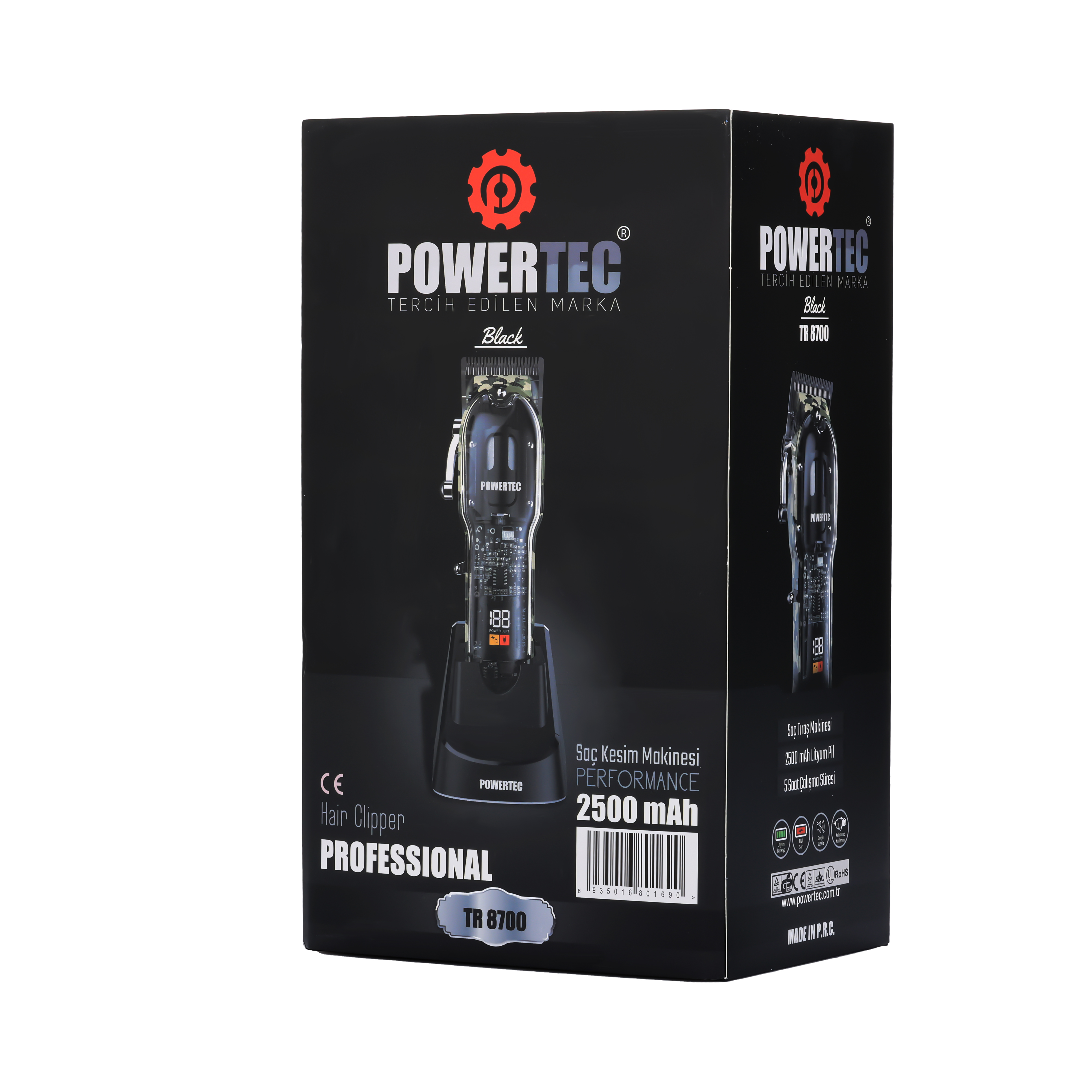 Siyah POWERTEC TR 8700 saç kesme makinesi ambalajı.