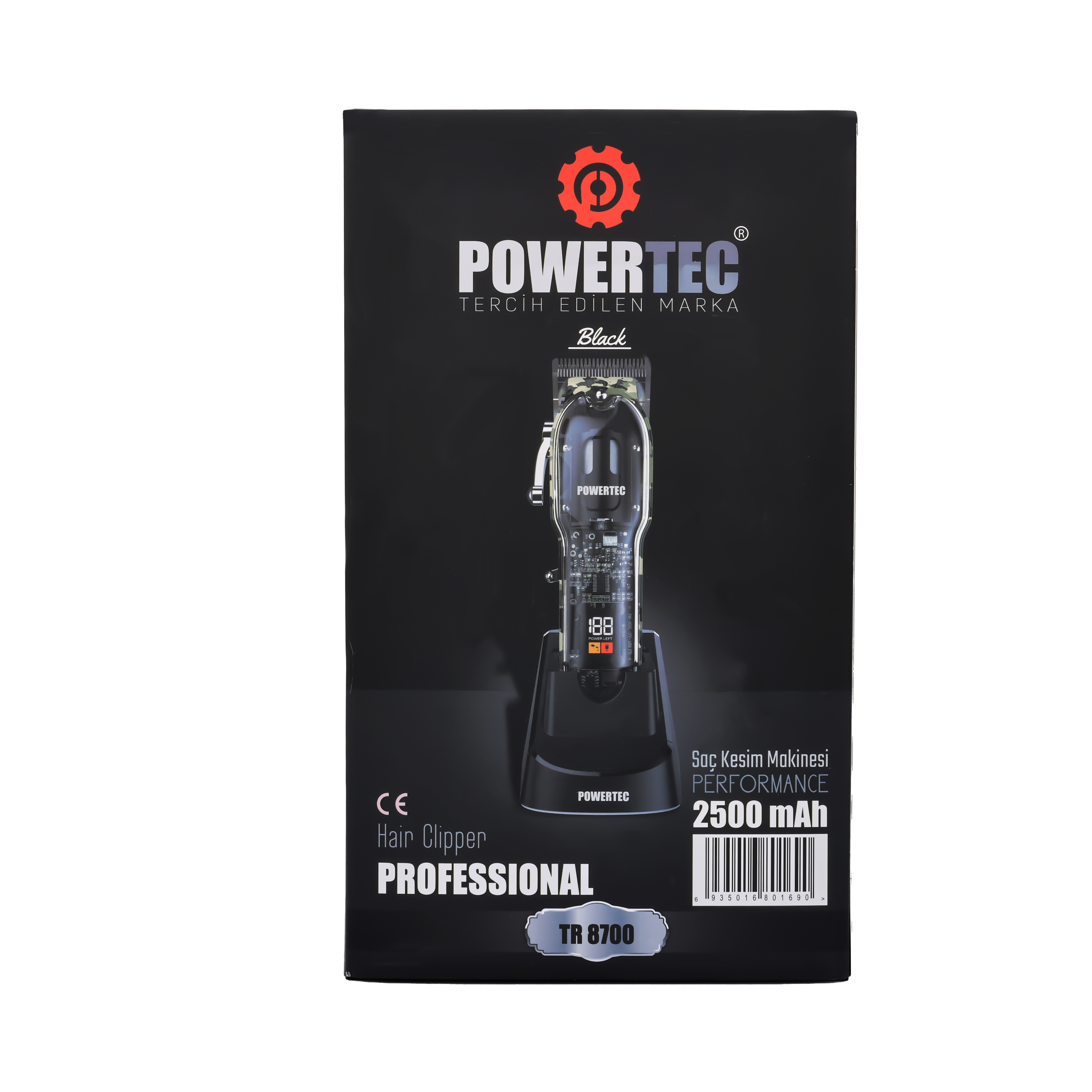 Dijital ekranlı, şarj istasyonunda siyah Powertec saç kesme makinesi.
