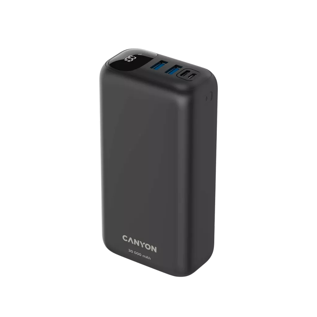 Czarna power bank Canyon 30 000 mAh z cyfrowym wyświetlaczem.