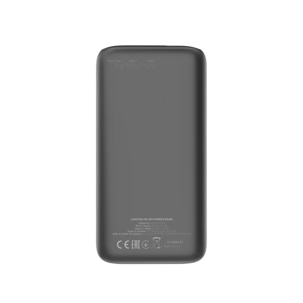 Szara power banka Canyon 10000mAh z portami USB-A i USB-C.