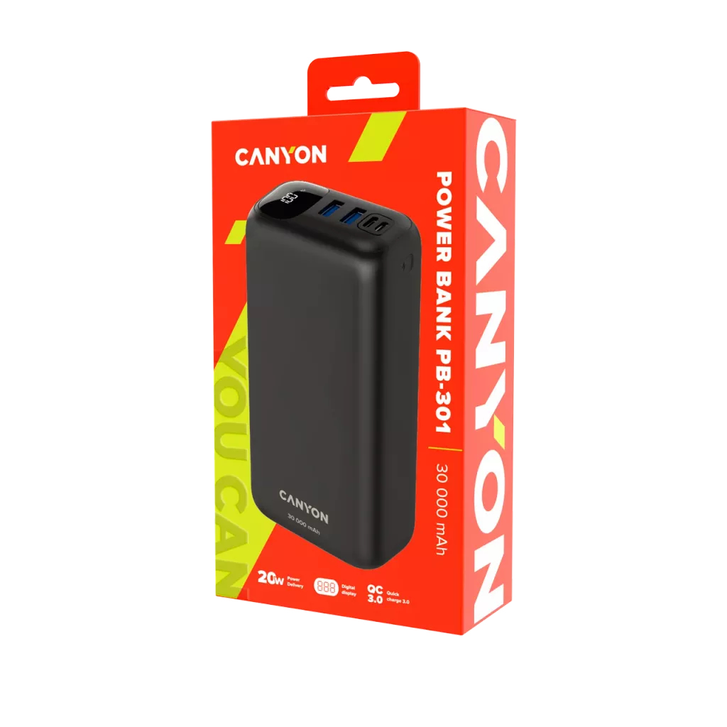Czarny power bank Canyon o pojemności 30 000 mAh jest prezentowany na pomarańczowym opakowaniu.