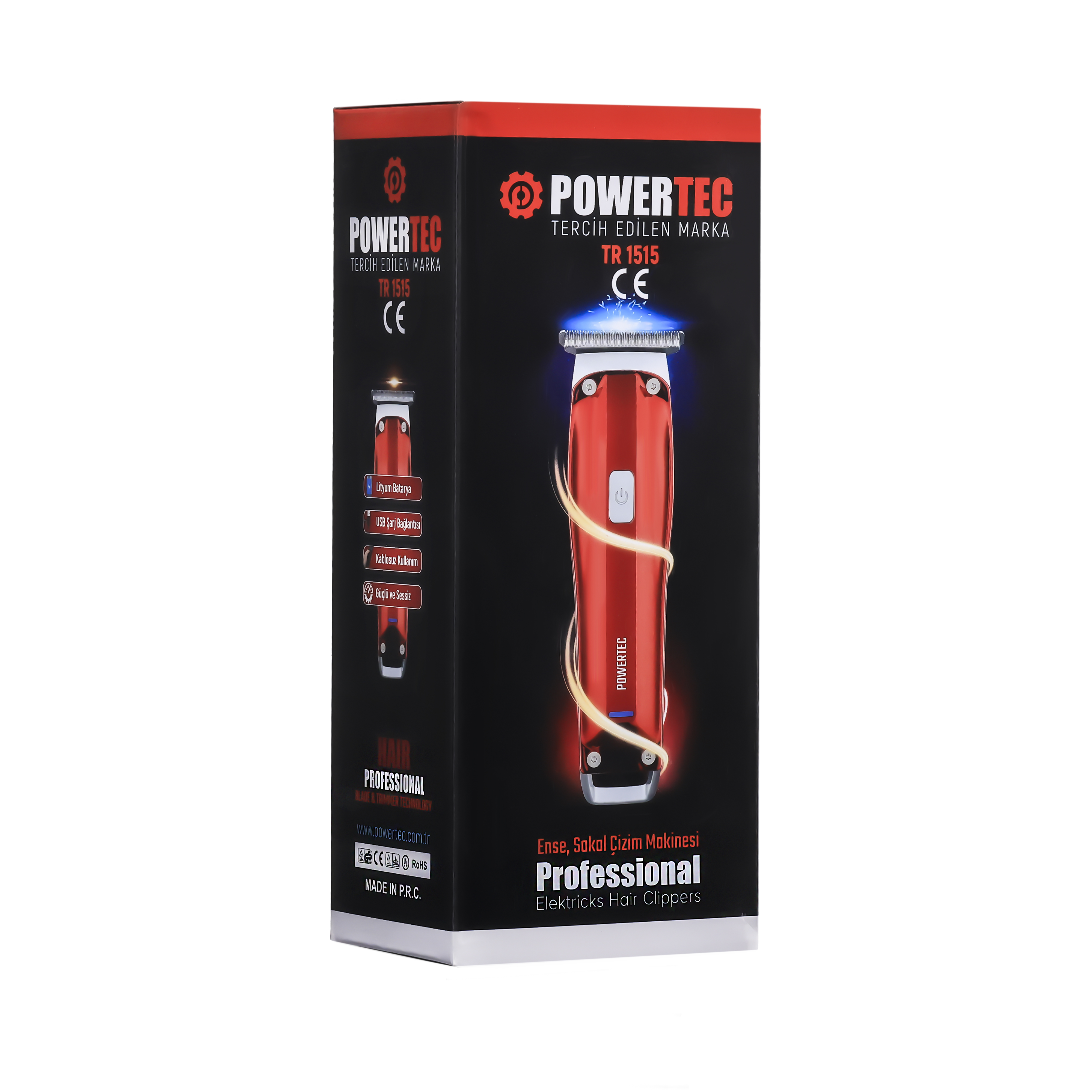 USB şarj bağlantı noktası gibi detaylara sahip kırmızı POWERTEC saç kesme makinesi kutusu.