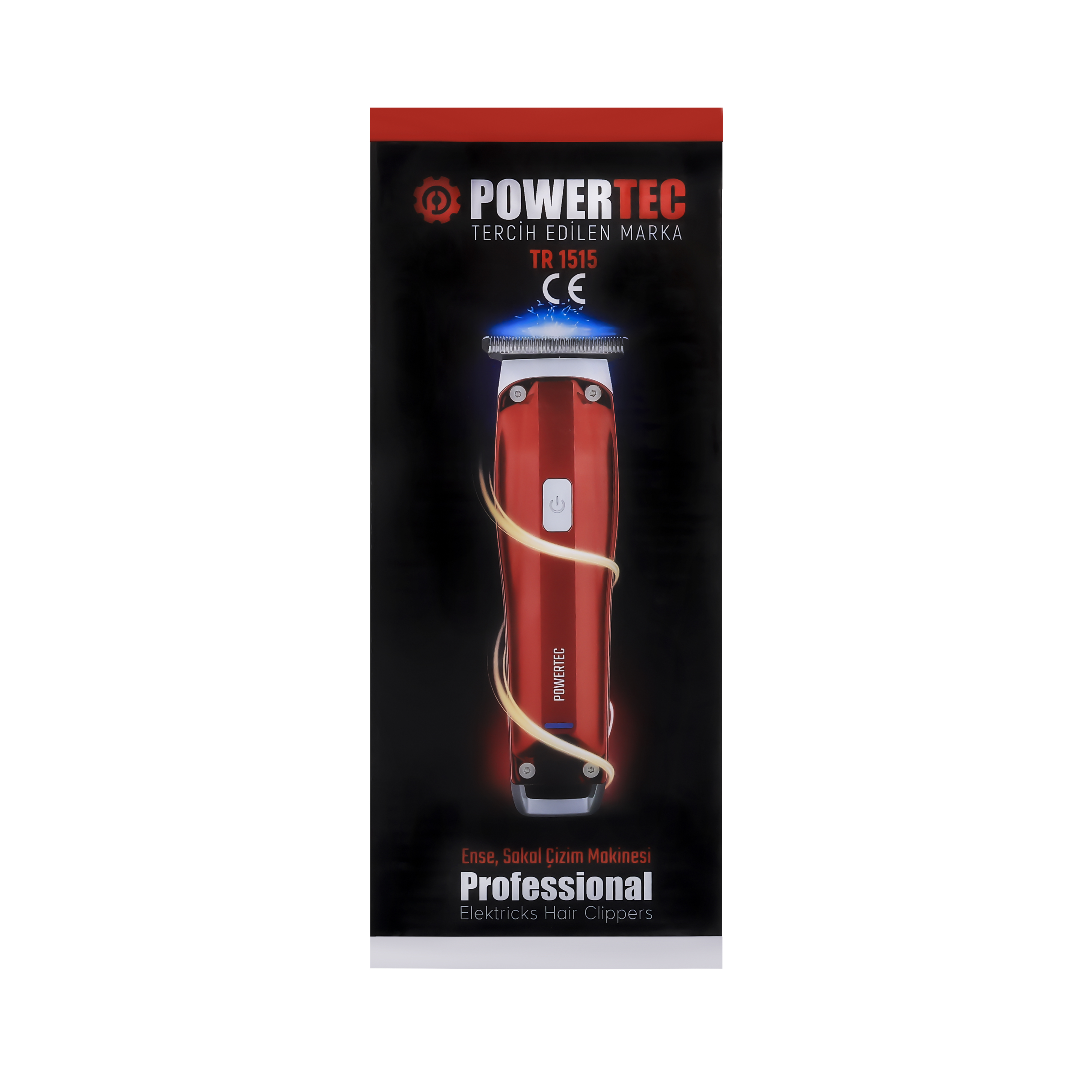 Kırmızı POWERTEC saç kesme makinesi, CE işareti ve mavi kıvılcımlı.
