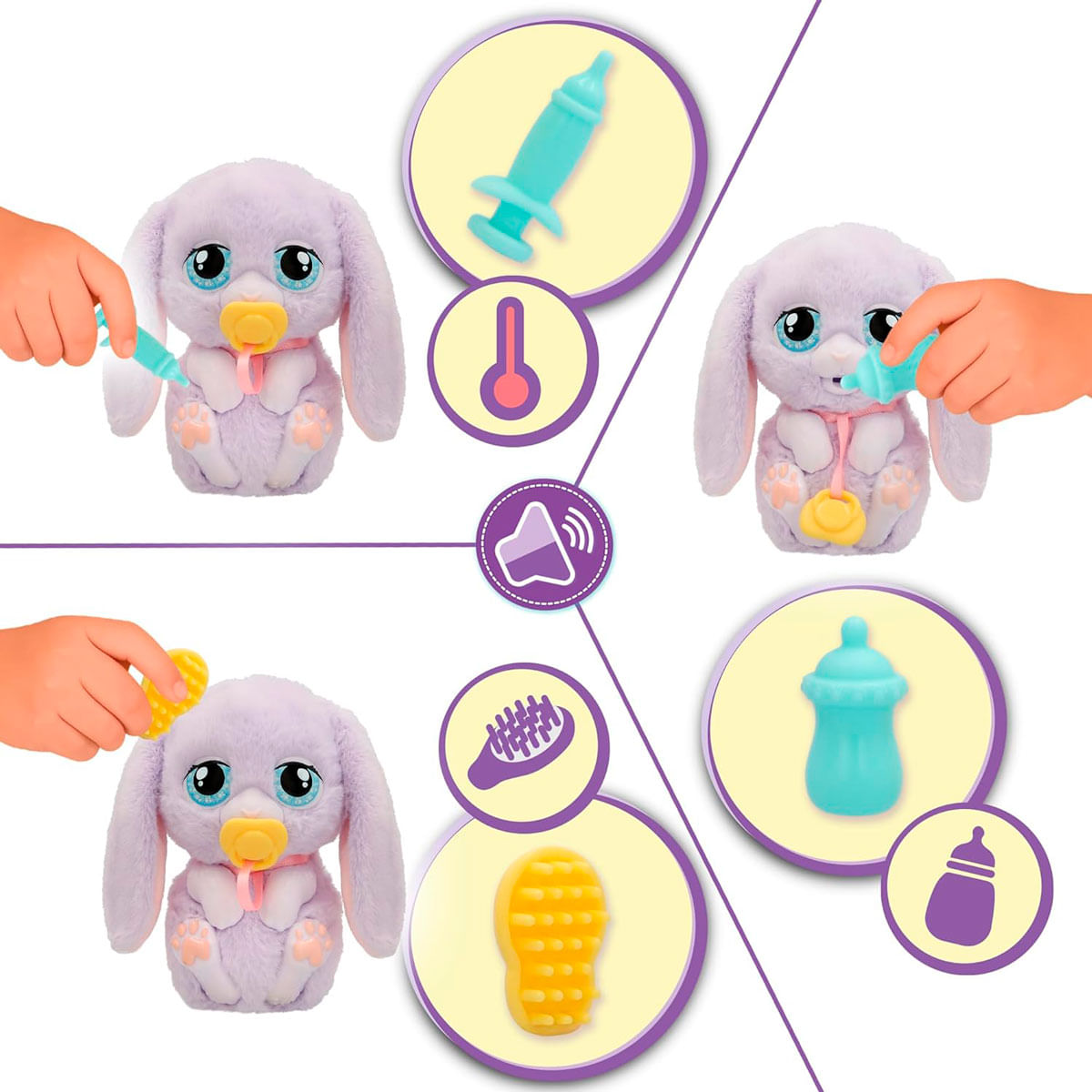 Un conejito de peluche morado con ojos grandes, con un chupete. Se muestran accesorios como jeringa, termómetro y biberón.