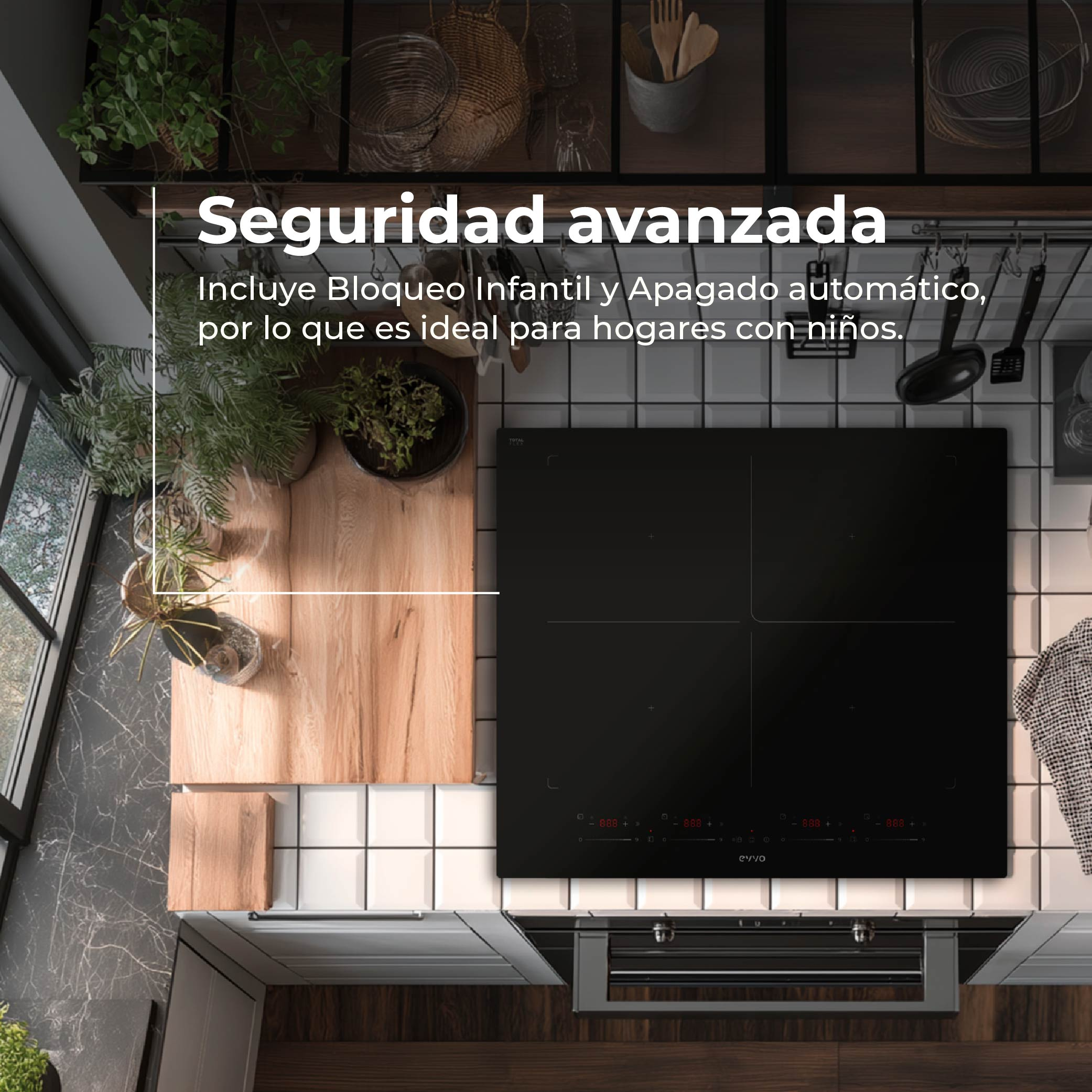 Una moderna placa de inducción negra con ollas y plantas en una cocina.