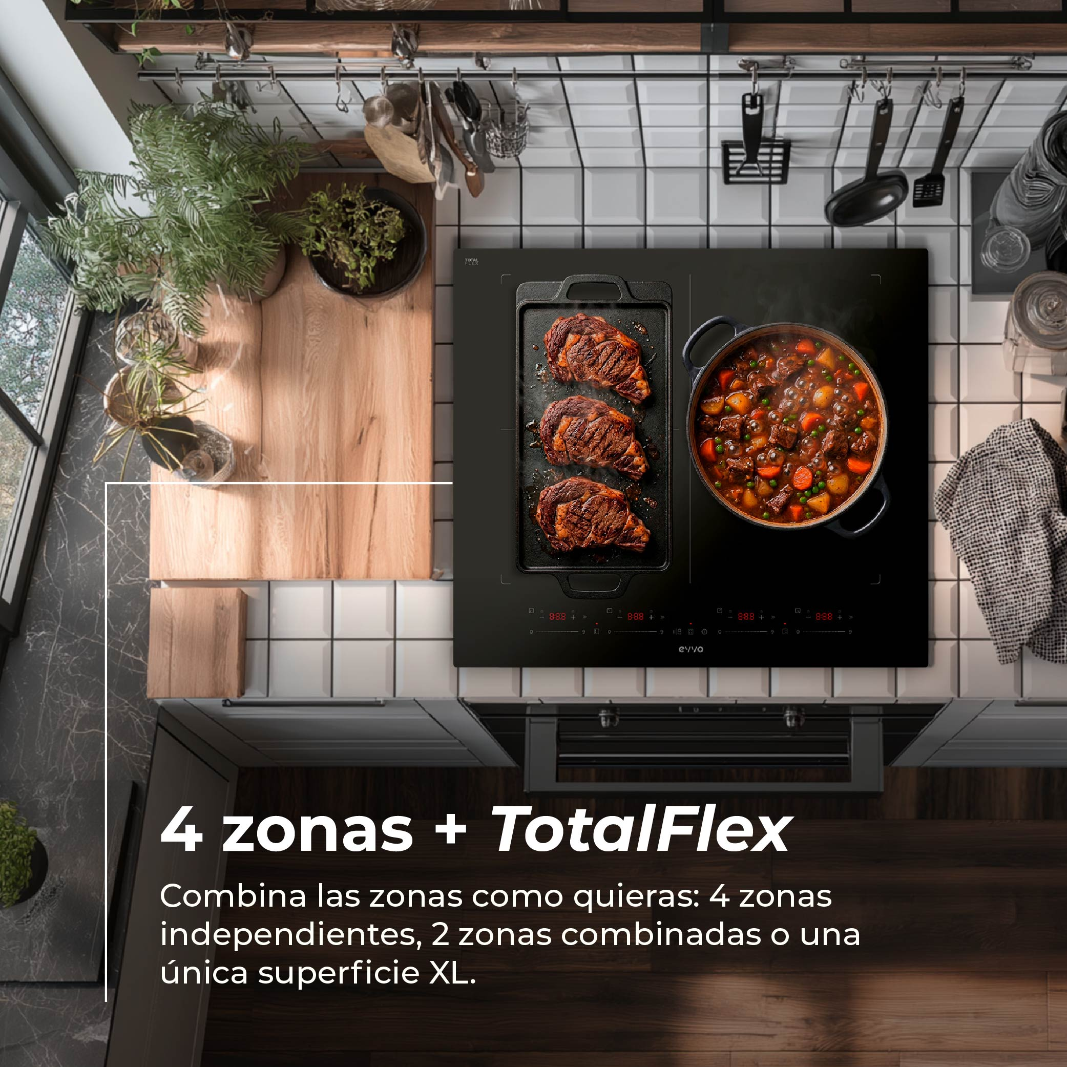 Una placa de cocina con tres filetes en sartén y una olla de estofado.