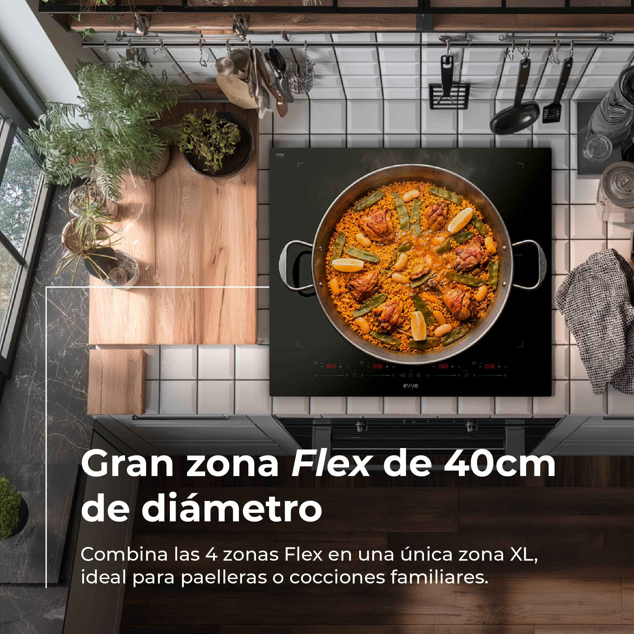 Una gran zona de cocción para paella y comidas familiares.