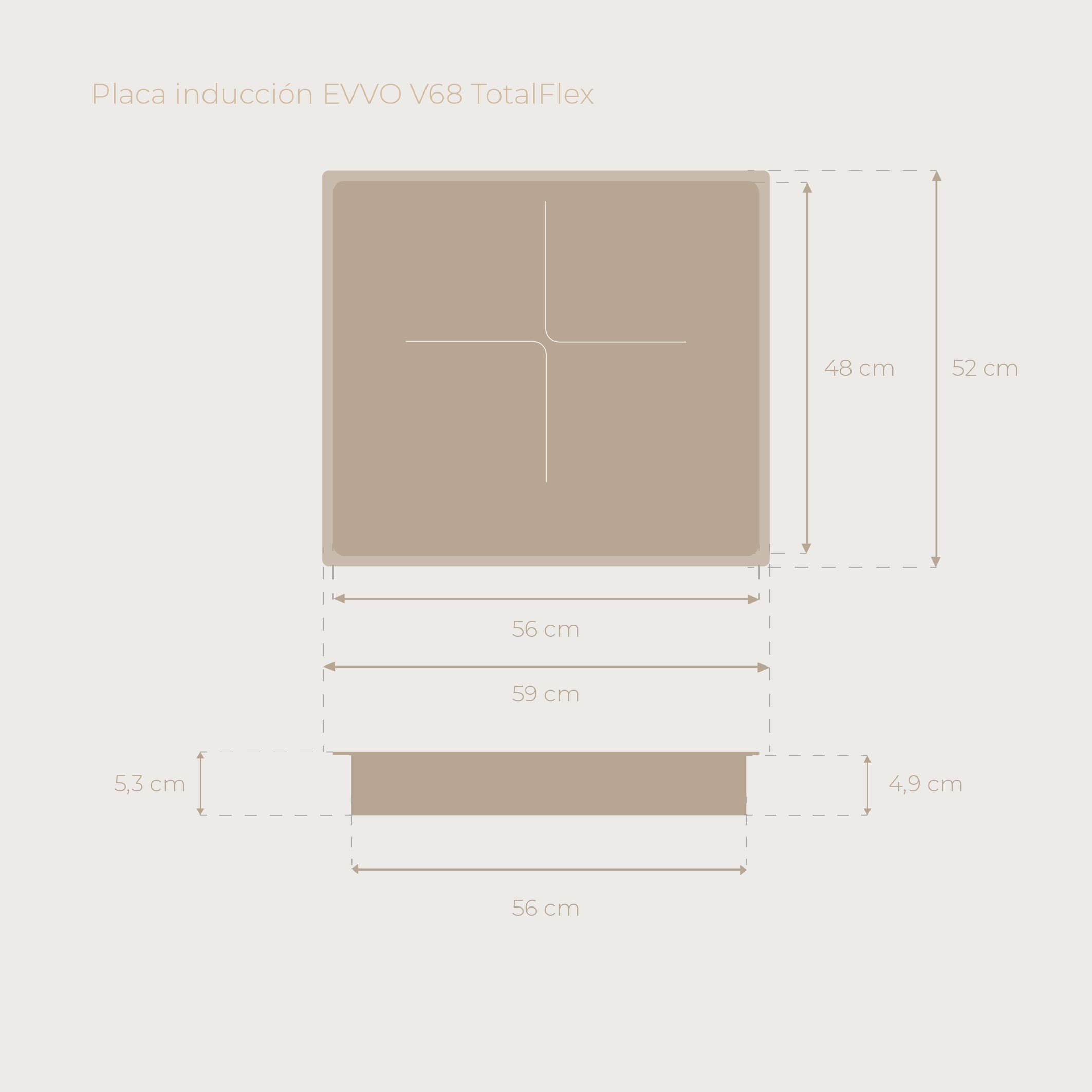 Dibujo técnico de una placa de inducción con dimensiones en cm.