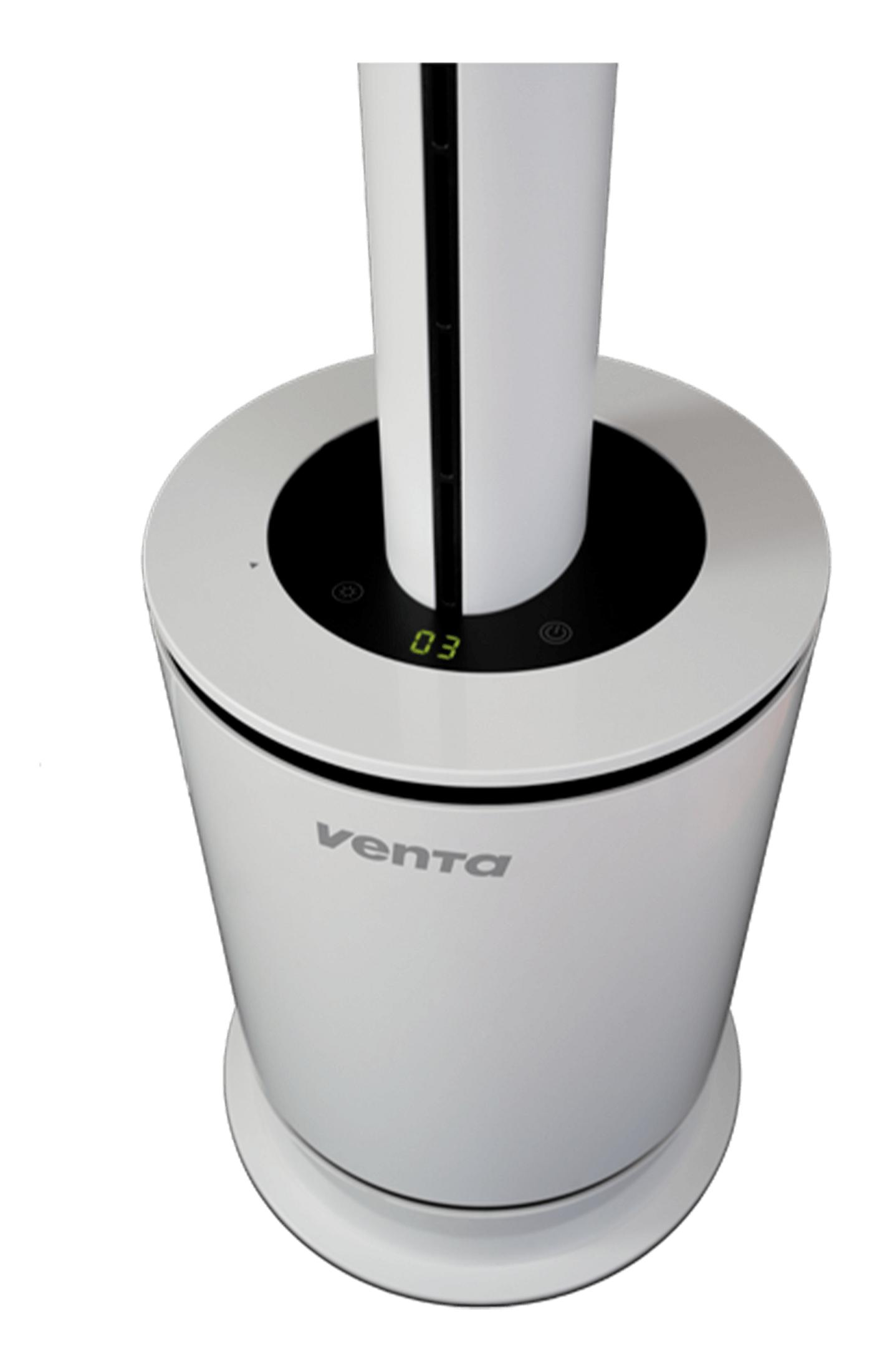 Un purificatore d'aria Venta bianco con display digitale '03'.