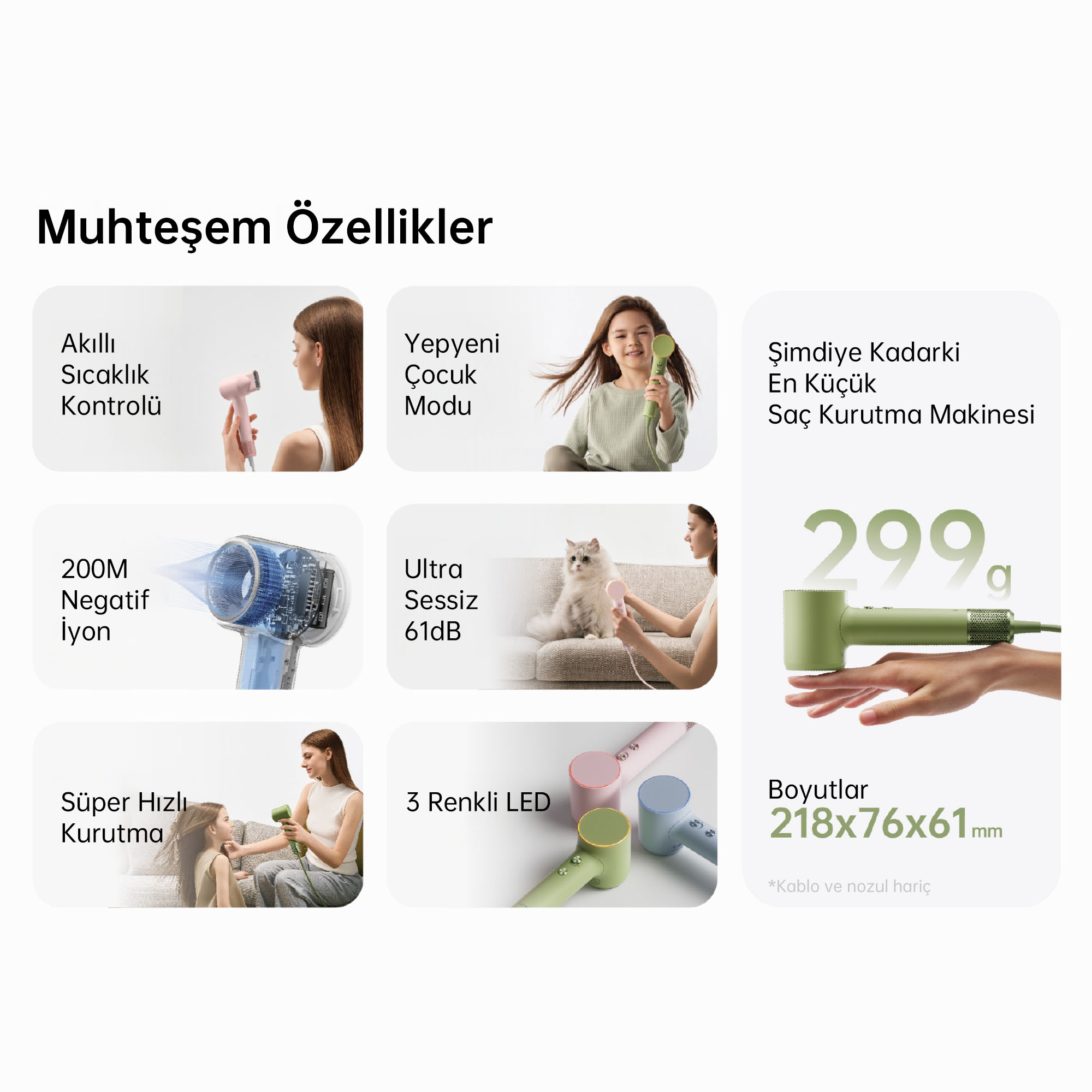 Saç kurutma makinesi özellikleri sunumu: akıllı sıcaklık kontrolü, çocuk modu, iyonlar, düşük ses, LED renkleri, boyut.