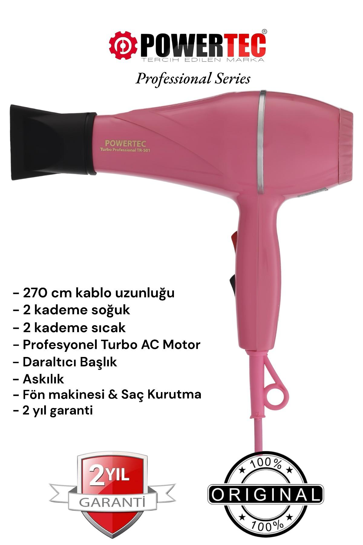 POWERTEC TR-501 Profesyonel 1900 W Saç Kurutma Makinesi Pembe