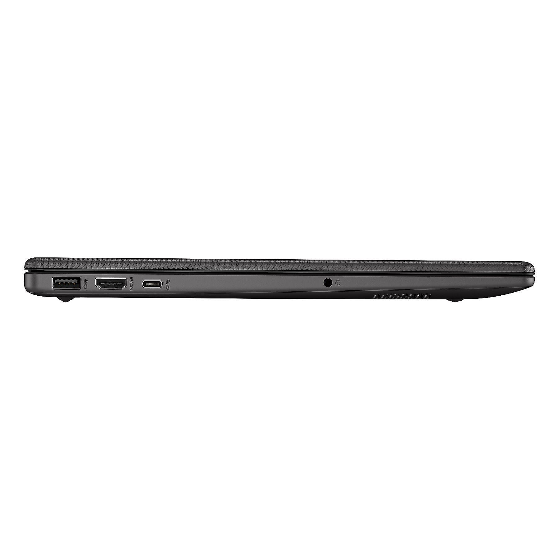 Vista laterale di un laptop nero con porte USB, HDMI e cuffie.