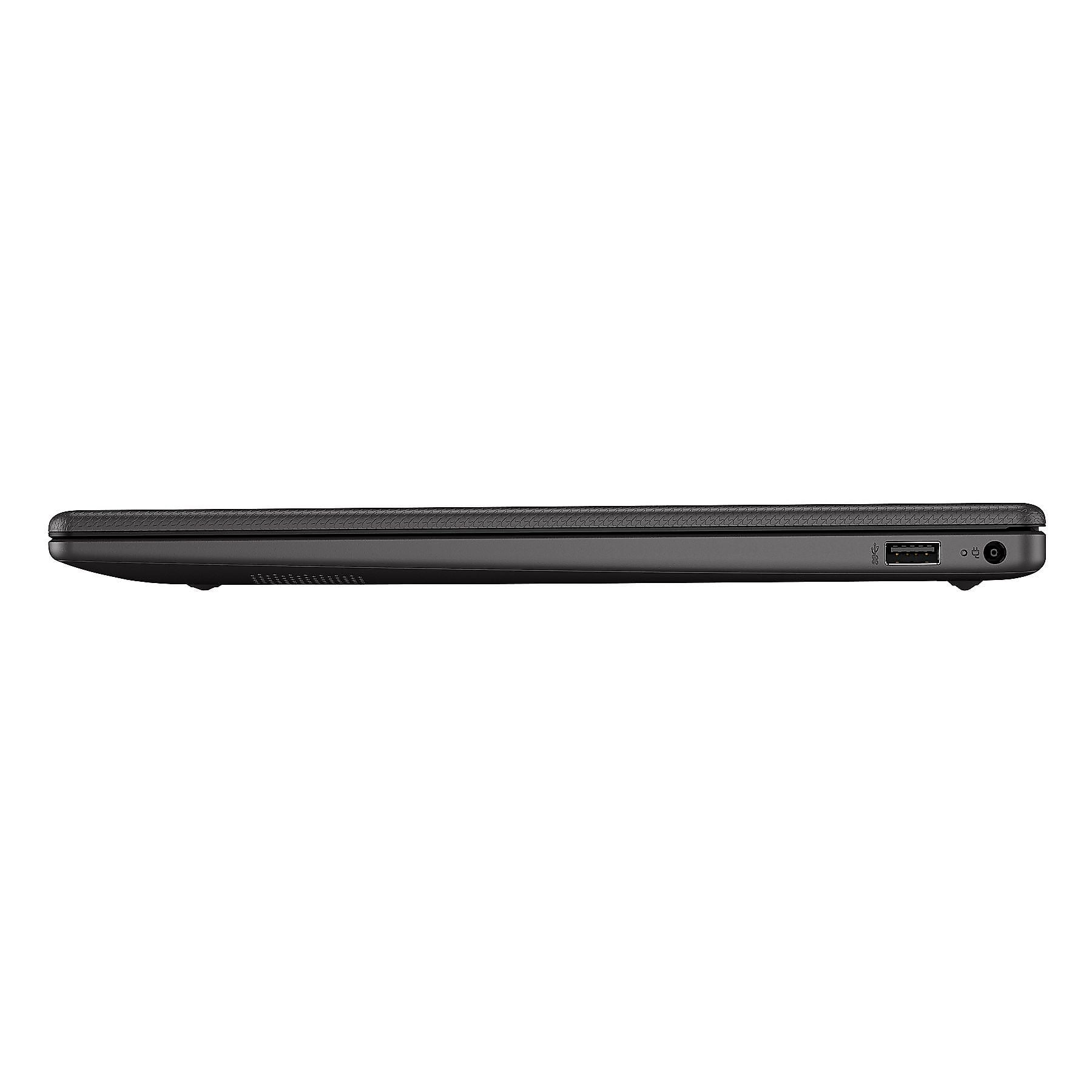 Vista di profilo di un laptop nero con porta USB e connettore di alimentazione.