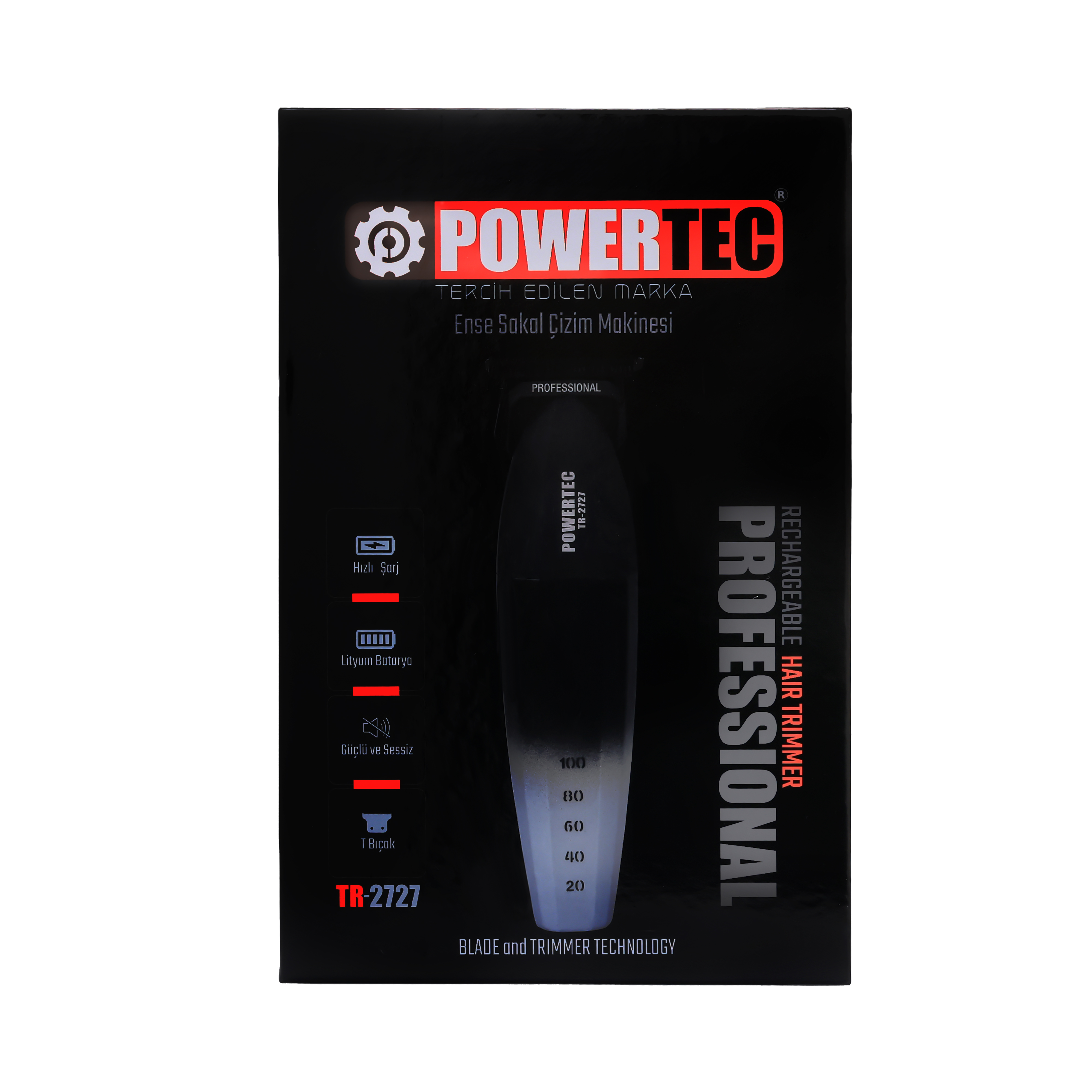 Bıçak ve düzeltici teknolojisine sahip POWERTEC saç kesme makinesi paketi.