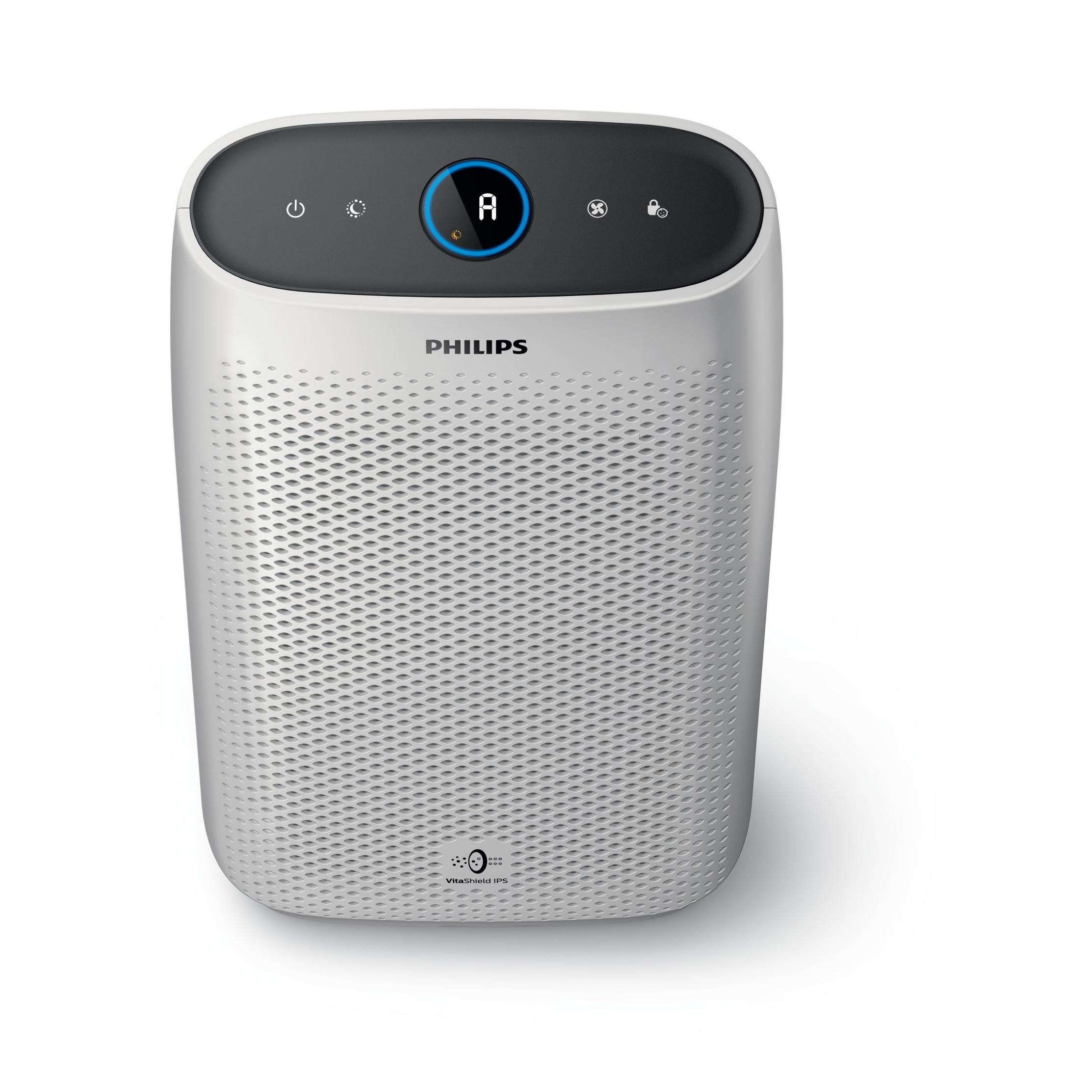 Un purificador de aire Philips blanco con panel de control negro y pantalla azul.