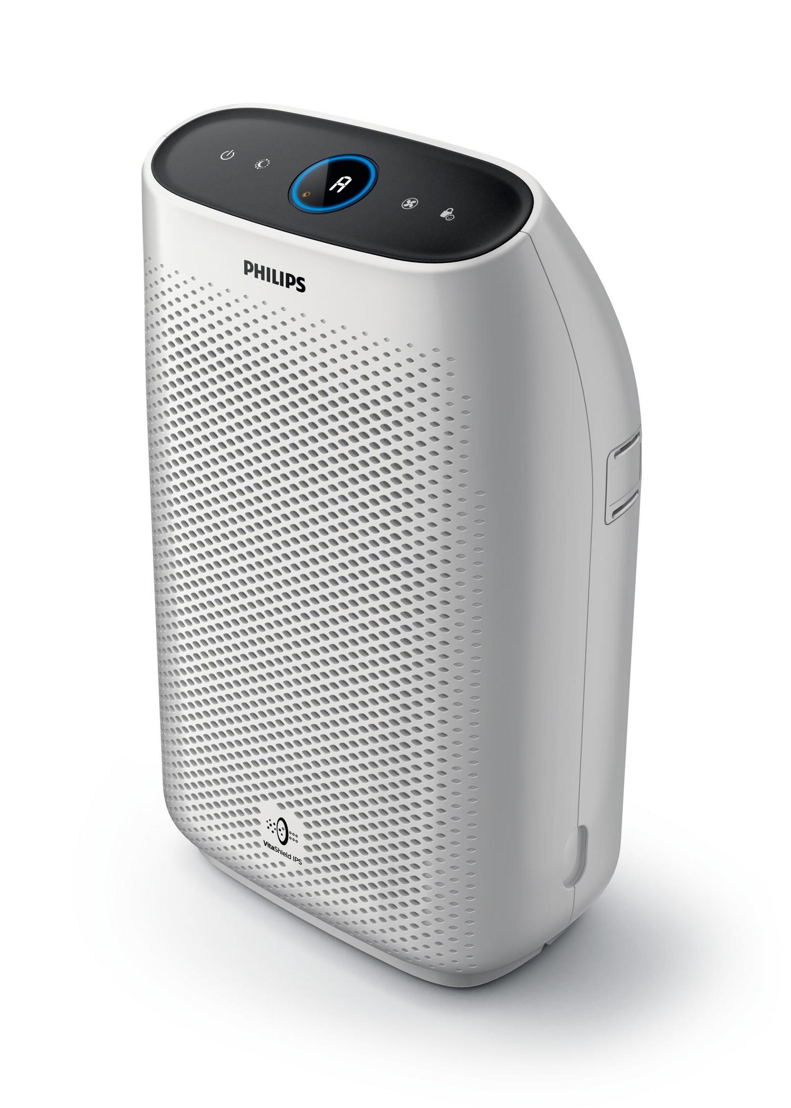 Un purificador de aire Philips blanco con pantalla digital y ranuras de ventilación.