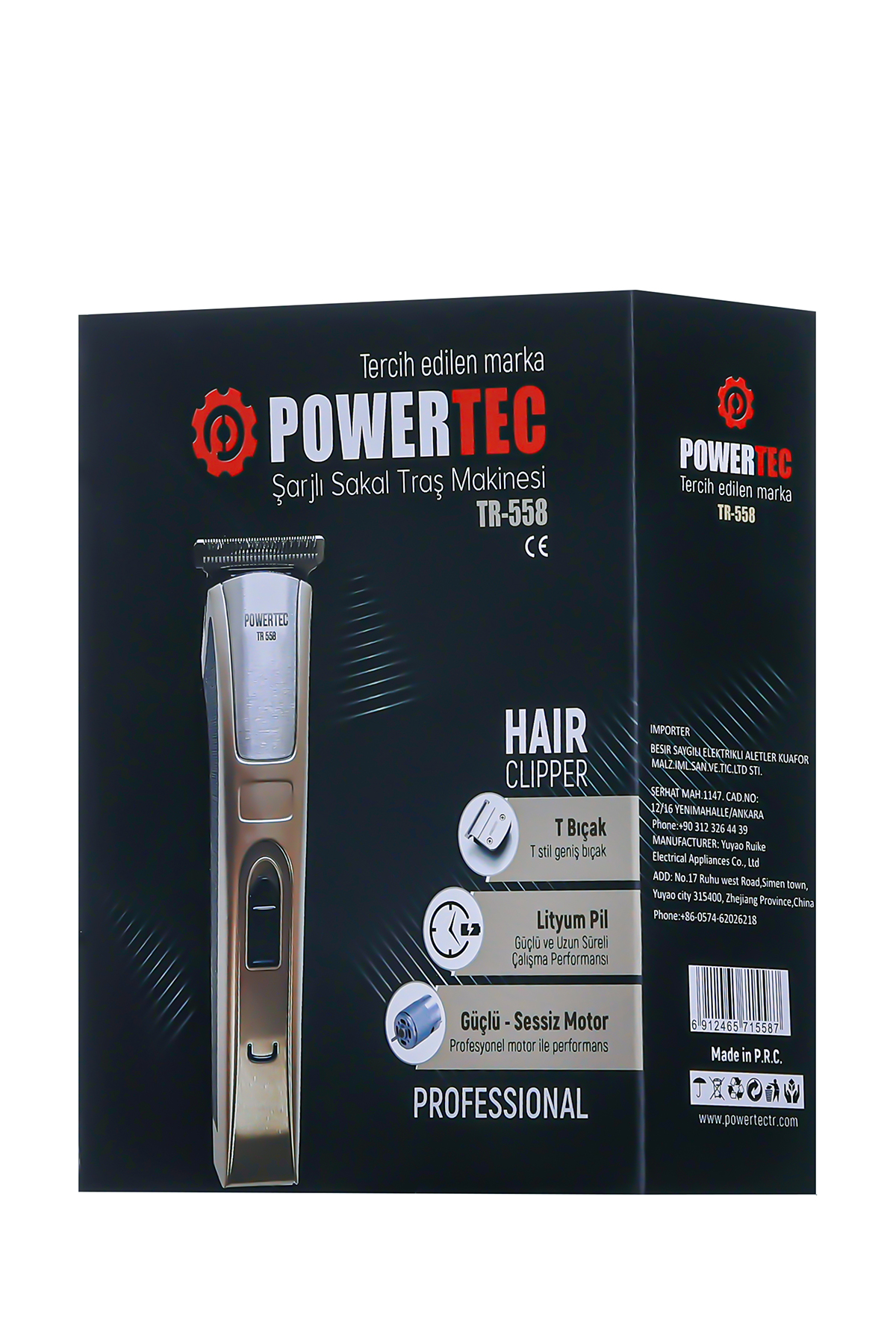 Gümüş gövdeli, T-bıçaklı, şarj göstergeli Powertec TR-558 saç kesme makinesi.