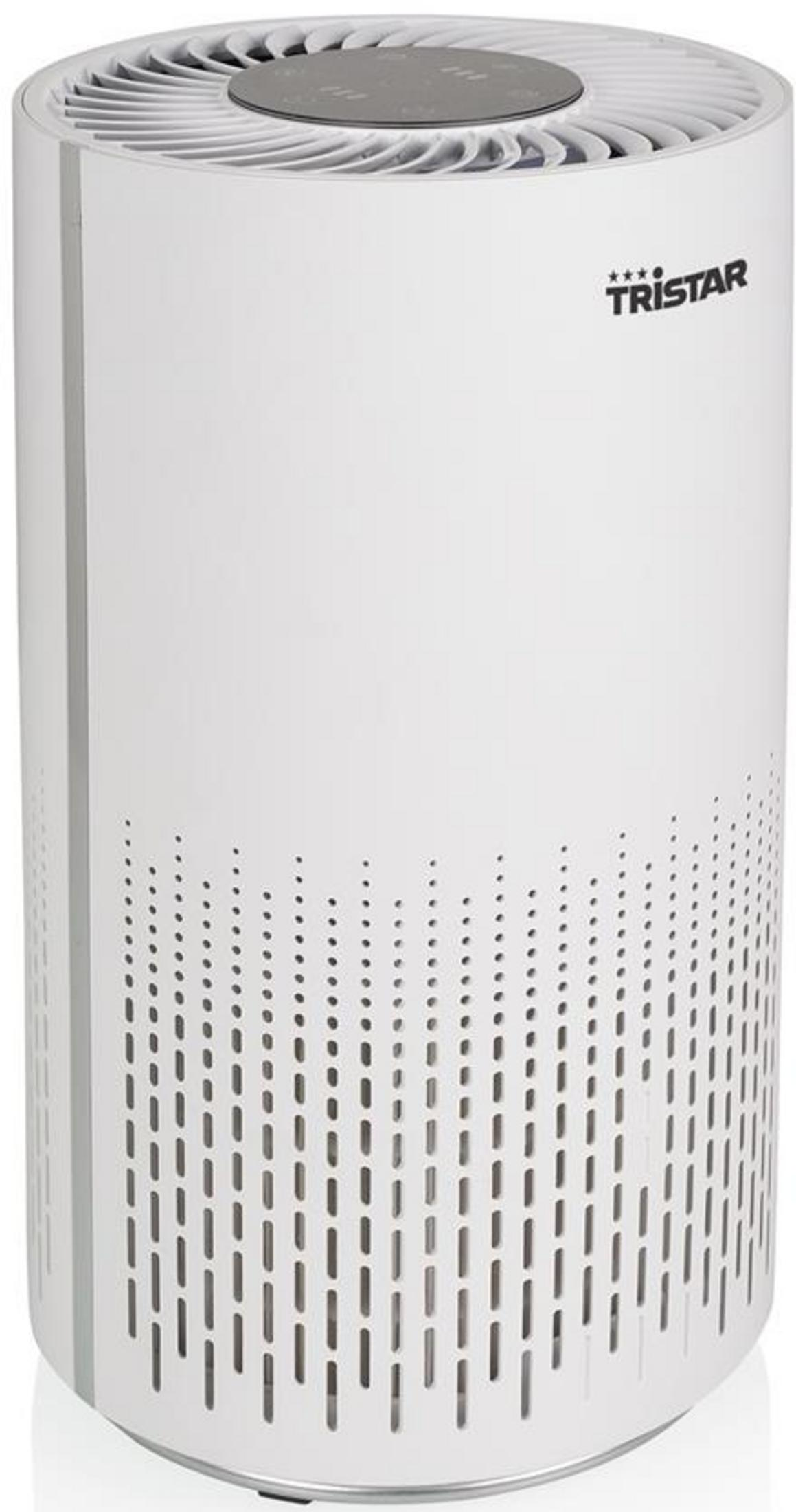 Un purificateur d'air cylindrique blanc avec logo Tristar et fentes de ventilation.