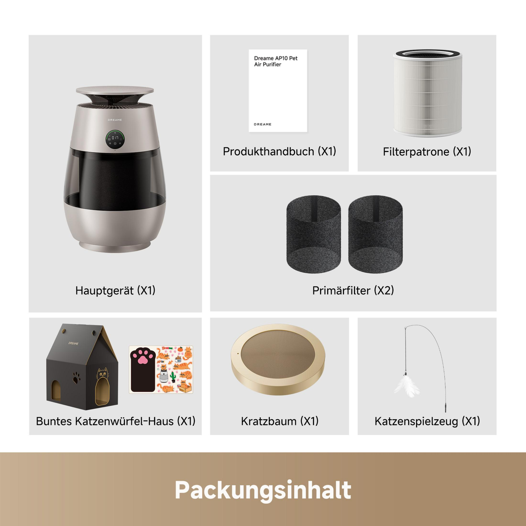 Packungsinhalt: Hauptgerät, Handbuch, Filter, Katzenhaus, Kratzbaum, Spielzeug.