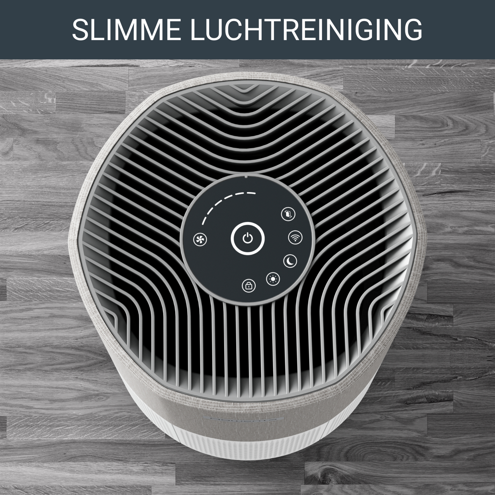 Ein runder Luftreiniger mit Bedienfeld und Lüftungsschlitzen auf Holzboden.