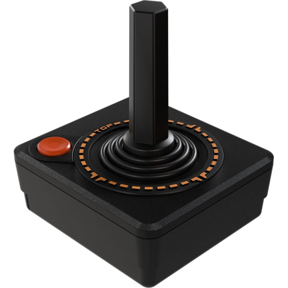 Czarny joystick z czerwonym przyciskiem i ośmiokątnym uchwytem.
