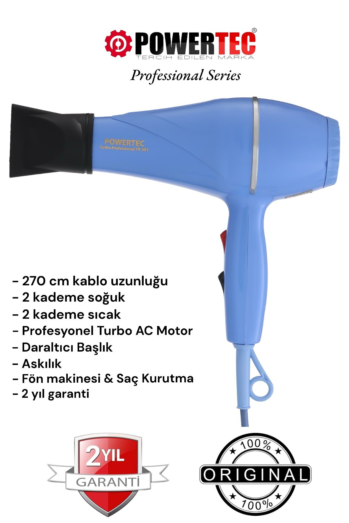 POWERTEC TR-501 Profesyonel 1900 W Saç Kurutma Makinesi Mavi