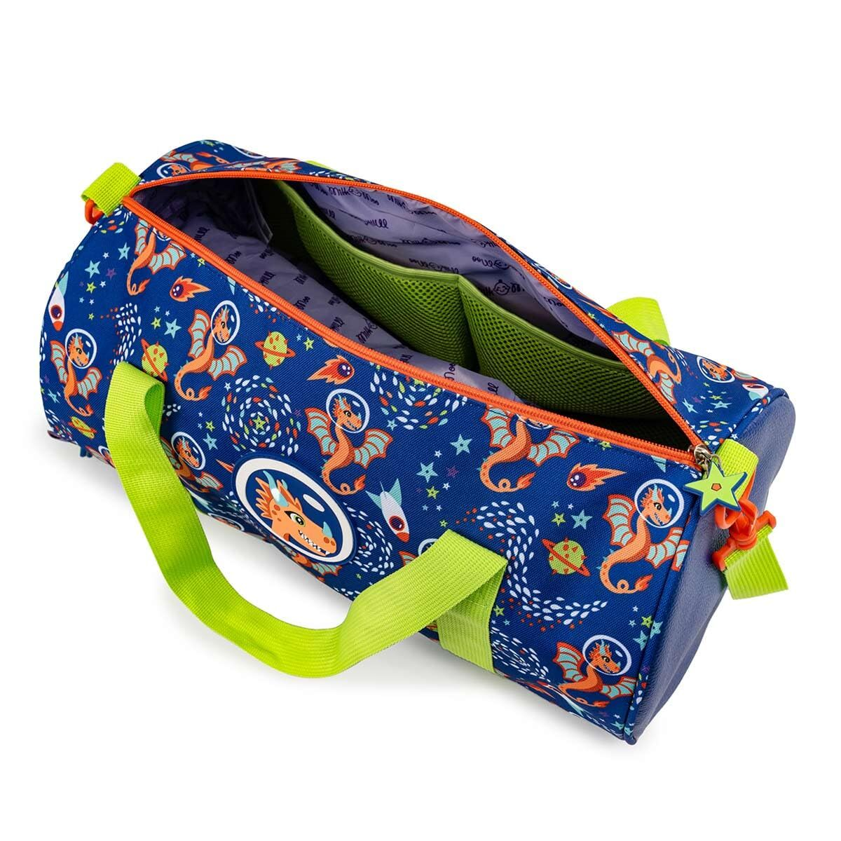Bolsa de lona azul con dragones y planetas en diseño espacial, correas verdes.