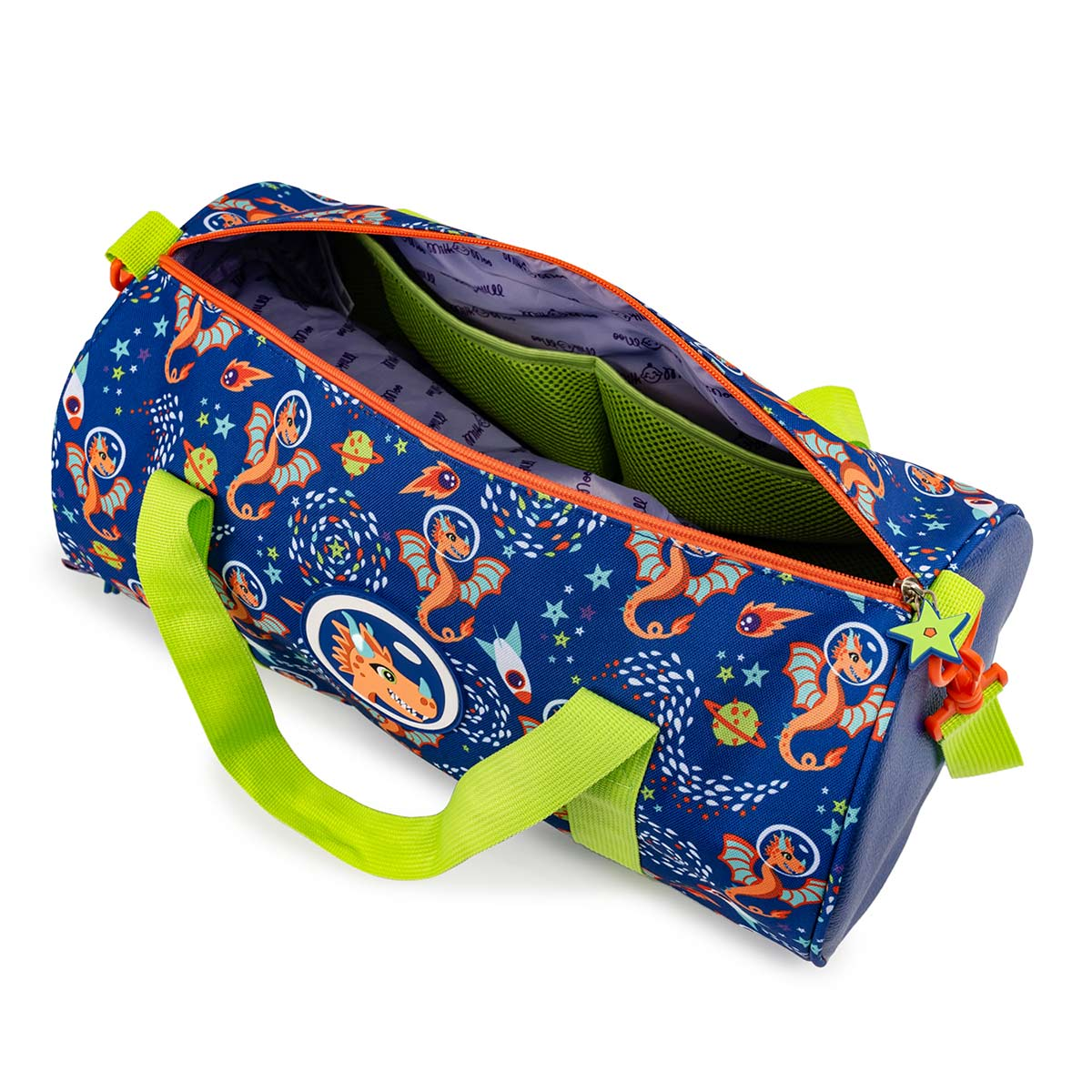 Bolsa de lila con dragones, planetas y estrellas en el espacio. Asas verdes.