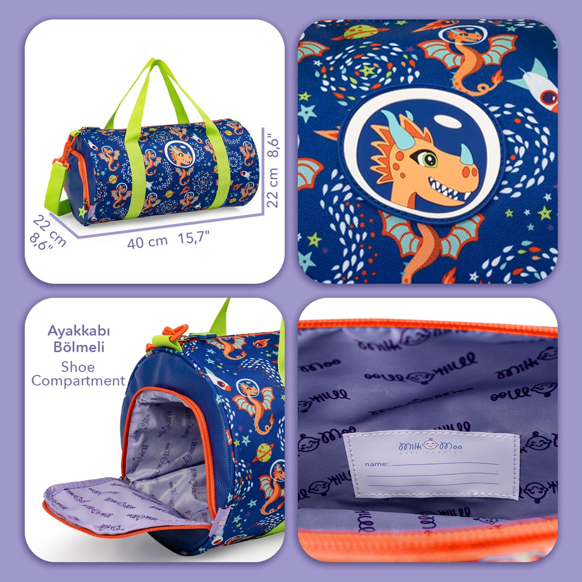 Bolso azul redondo con estampado de dragones, 40x22x22 cm.
