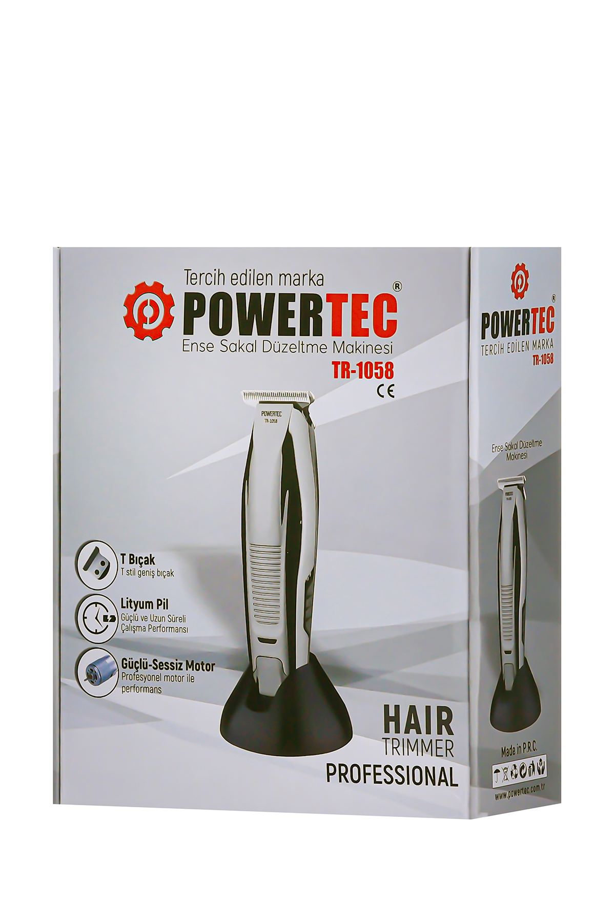 Gümüş tüy dökücü ile Powertec saç kesme makinesi ambalajı.